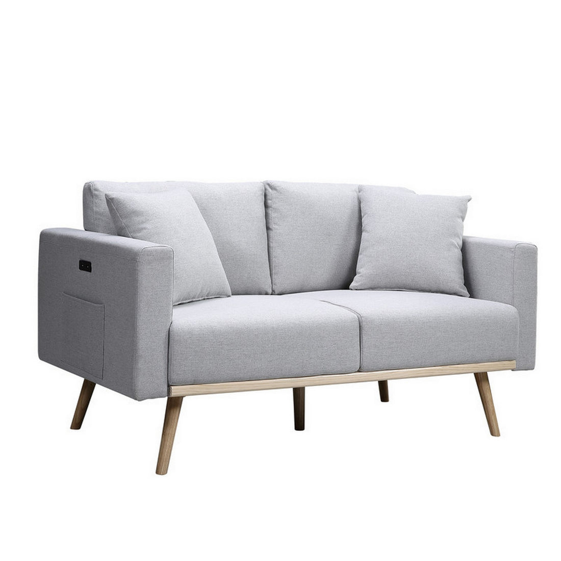 Mico 57 Inch Modern Loveseat, Usb Ports And Side Pocket, Light Gray Fabric Gray Solid Wood 2 Seat