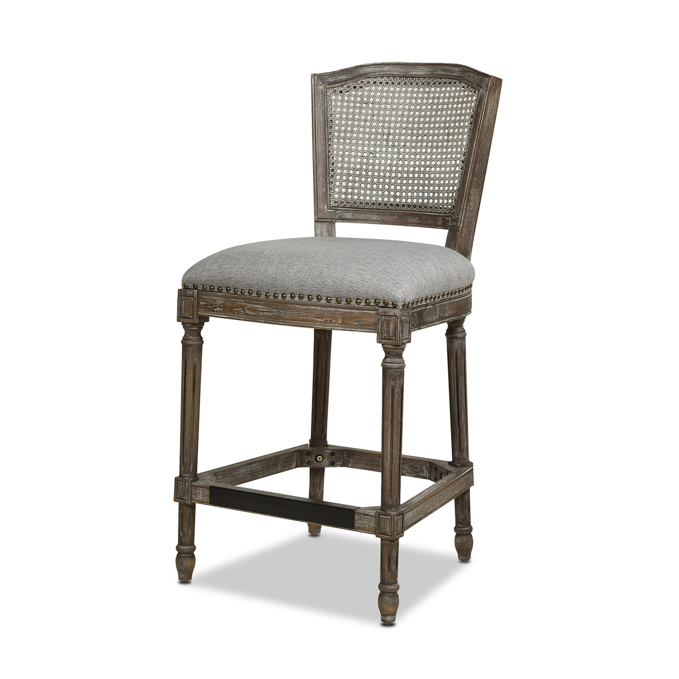 Triomphe Rattan Wicker High Back Armless Counter Bar Stool, Heathered Grey Linen Gray Foam Wood Fabric Rattan