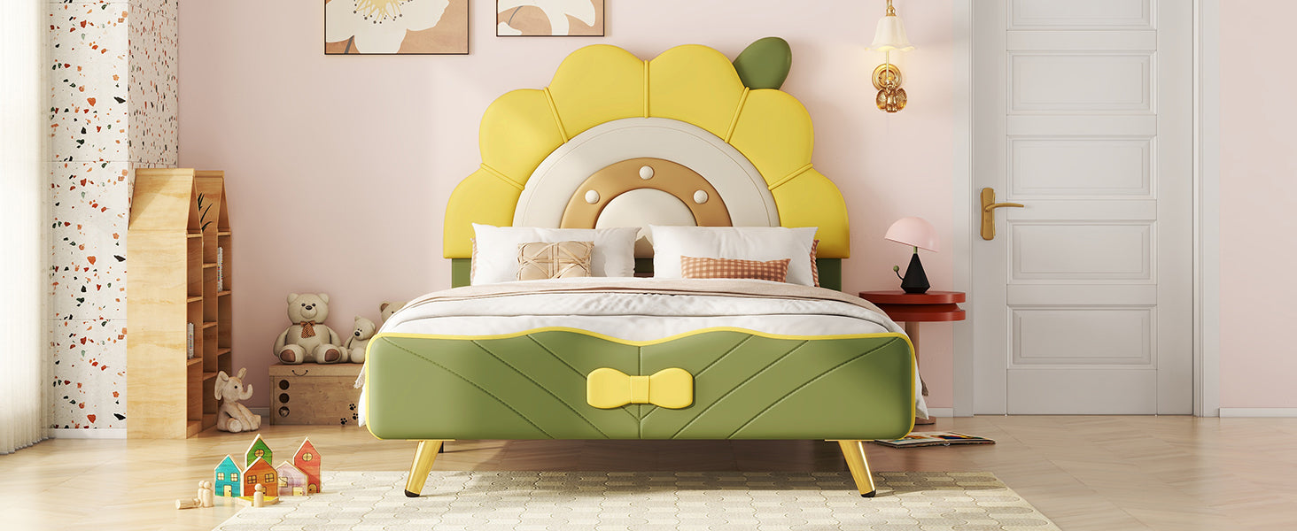 Twin Size Upholstered Platform Bed With Sunflower Shaped Headboard, Green Box Spring Not Required Twin Green Wood Bedroom Bed Frame Faux Leather Upholstered