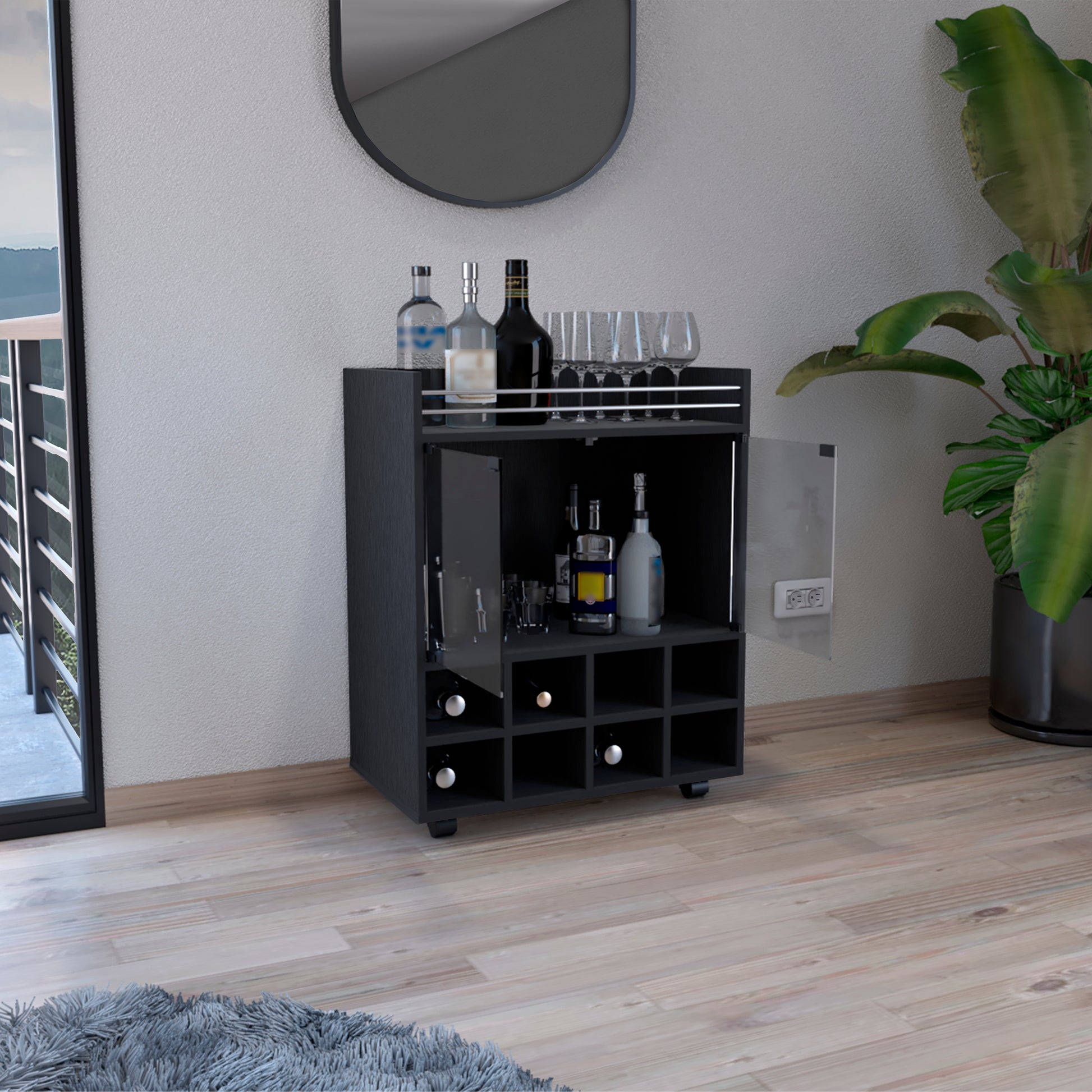 St Andrews Bar Cart With Built In 8 Bottle Rack, Double Glass Door Cabinet, And Aluminum Edged Top Surface Black Primary Living Space Modern Particle Board Shelves Included Engineered Wood