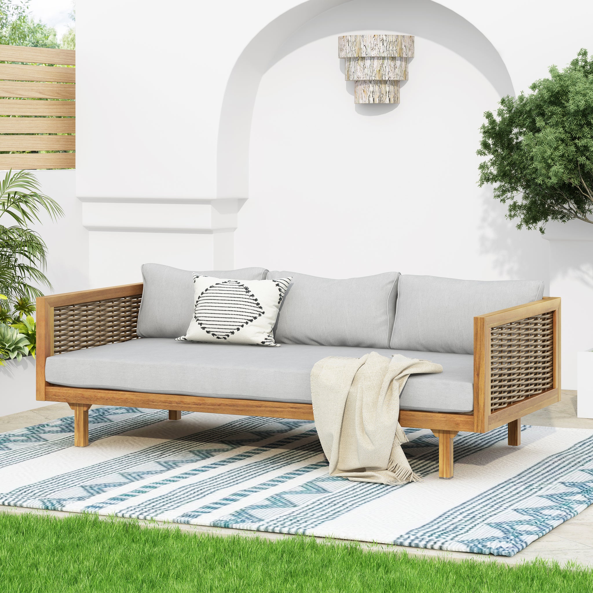 Claremont 3 Seater Daybed With Rattan Arms Light Grey Cushion Teak Wood Fabric Rattan