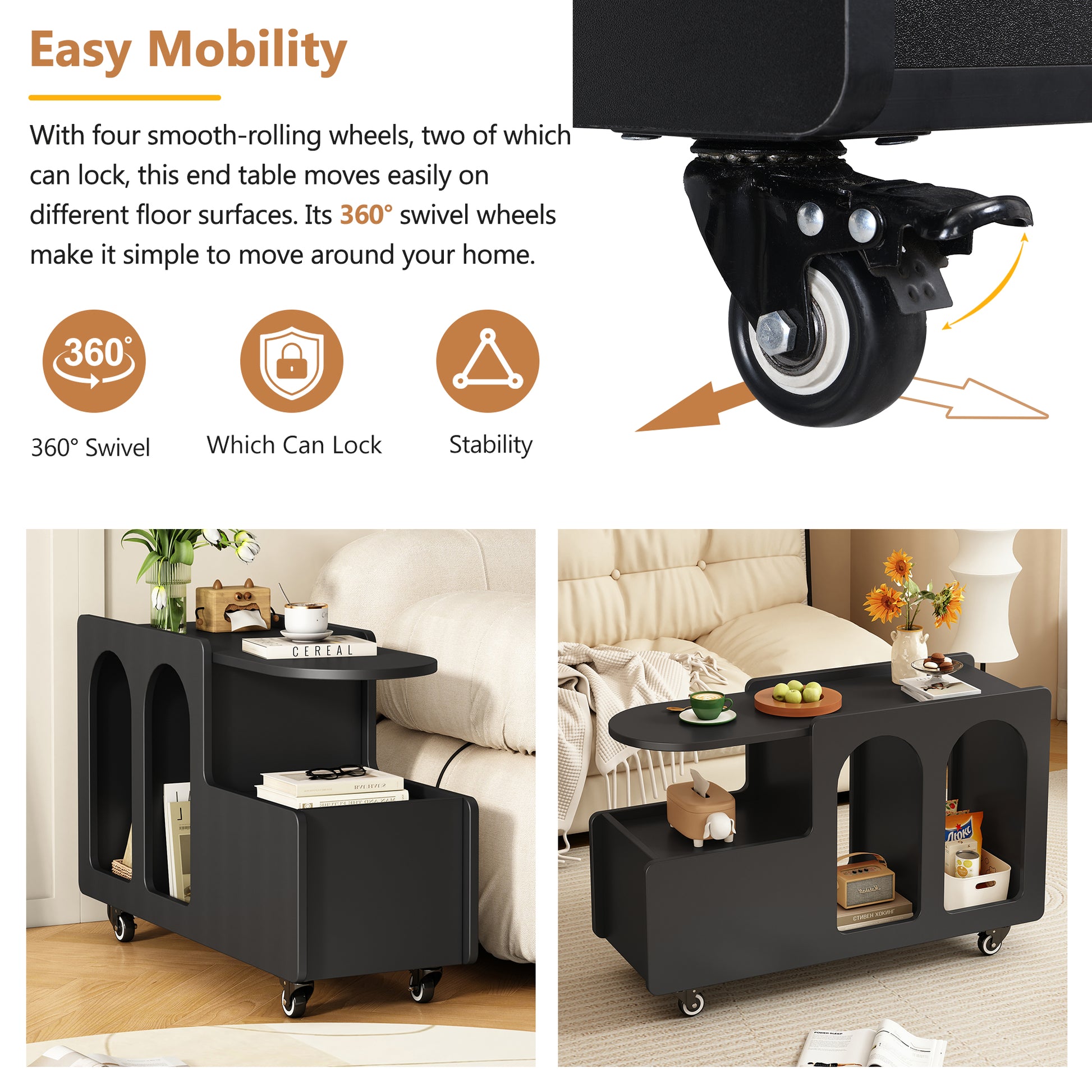 Mobile End Table With Lockable Wheels, Cream Style Side Table With Storage Drawer, 11.8Inch Narrow Nightstand With Multi Layer Storage, Living Room, Black Black Primary Living Space Mdf