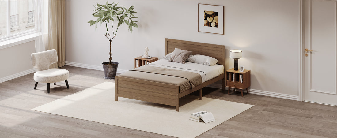 Wood Platform Bed Frame With Headboard, Mattress Foundation With Wood Slat Support, No Box Spring Needed, King Size, Walnut Box Spring Not Required King Walnut Wood Solid Wood Mdf