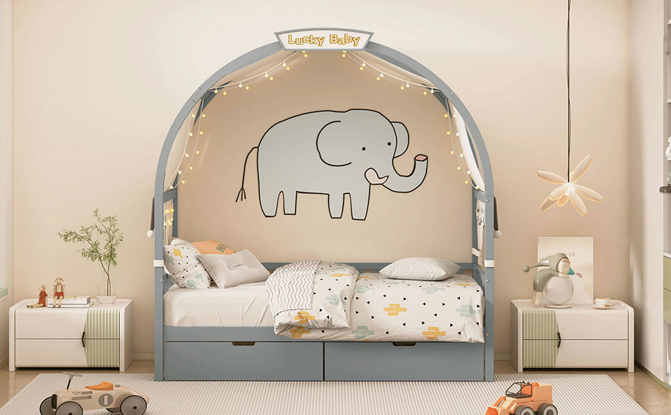 Twin Size Bed With Arched Roof And 2 Drawers, Gray Twin Gray Plywood