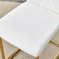 Table And Chair Set.Large Modern Rectangular Table With 0.4 Inch Patterned Glass Tabletop And Large Mdf Table Legs.Comes With 8 Chairs With Faux Leather Cushioned Seats And Golden Metal Legs. Gold White Seats 8 Mdf Glass
