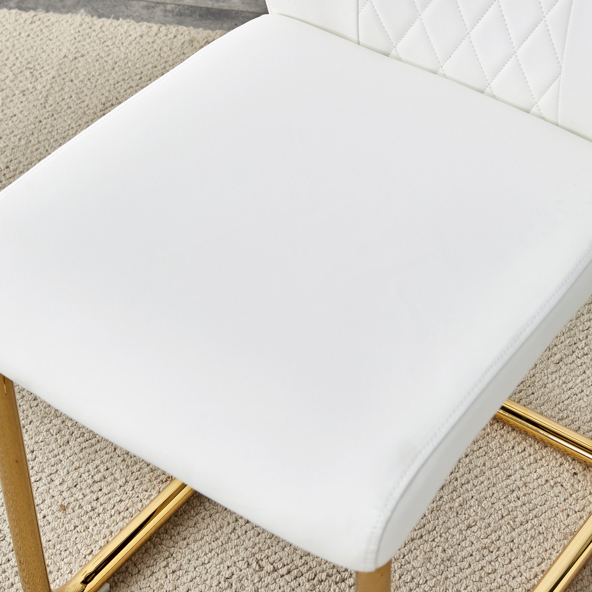 Table And Chair Set.Large Modern Rectangular Table With 0.4 Inch Patterned Glass Tabletop And Large Mdf Table Legs.Comes With 8 Chairs With Faux Leather Cushioned Seats And Golden Metal Legs. Gold White Seats 8 Mdf Glass