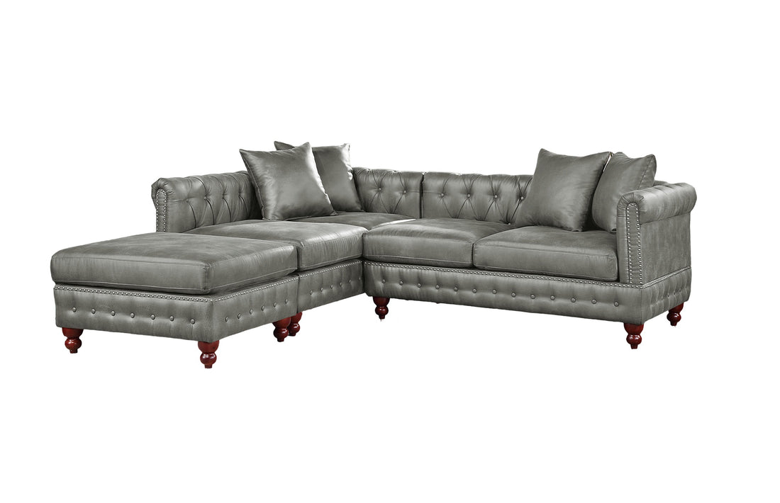 Slate Gray 3Pc Sectional Set 2X Reversible Loveseat Chaise And 1X Ottoman Tufted Couch Pillows Light Slate Grey Faux Leather Wood Primary Living Space Tight Back Contemporary,Luxury,Traditional L