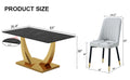 Table And Chair Set.Modern Rectangular Dining Table With Black Textured Stickers Glass Tabletop And Gold Plated Metal Legs.Paried With 6 Comfortable Chairs With Pu Seats And Black Metal Legs. Black Gold,Light Gray Seats 6 Glass Metal