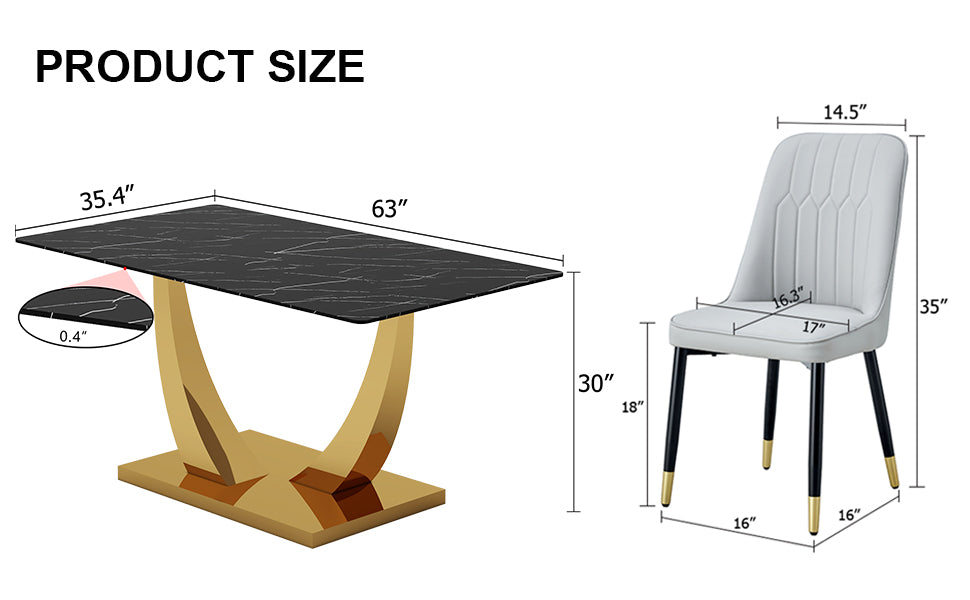 Table And Chair Set.Modern Rectangular Dining Table With Black Textured Stickers Glass Tabletop And Gold Plated Metal Legs.Paried With 6 Comfortable Chairs With Pu Seats And Black Metal Legs. Black Gold,Light Gray Seats 6 Glass Metal