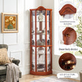 Glass Cabinet Lighted Corner Cabinet Corner Display Curio Cabinet, Glass Display With Light Included Bar Cabinet,Wine Cabinet With Adjustable Glass Shelves Carved Decoration Oak Light Included Oak