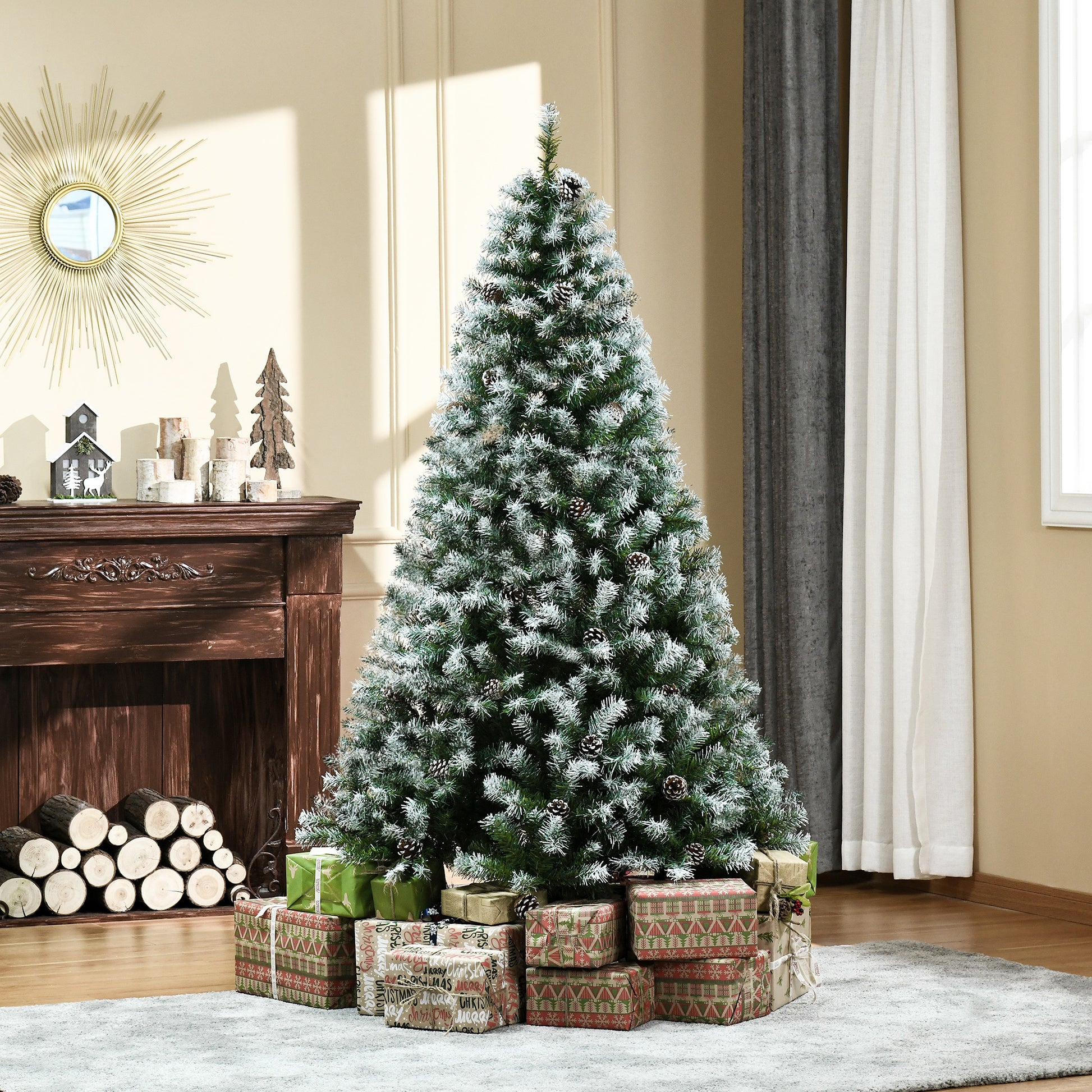 Homcom 6Ft Unlit Snow Dusted Full Fir Artificial Christmas Tree With Realistic Branches, 61 Pine Cones And 800 Tips Green Pvc