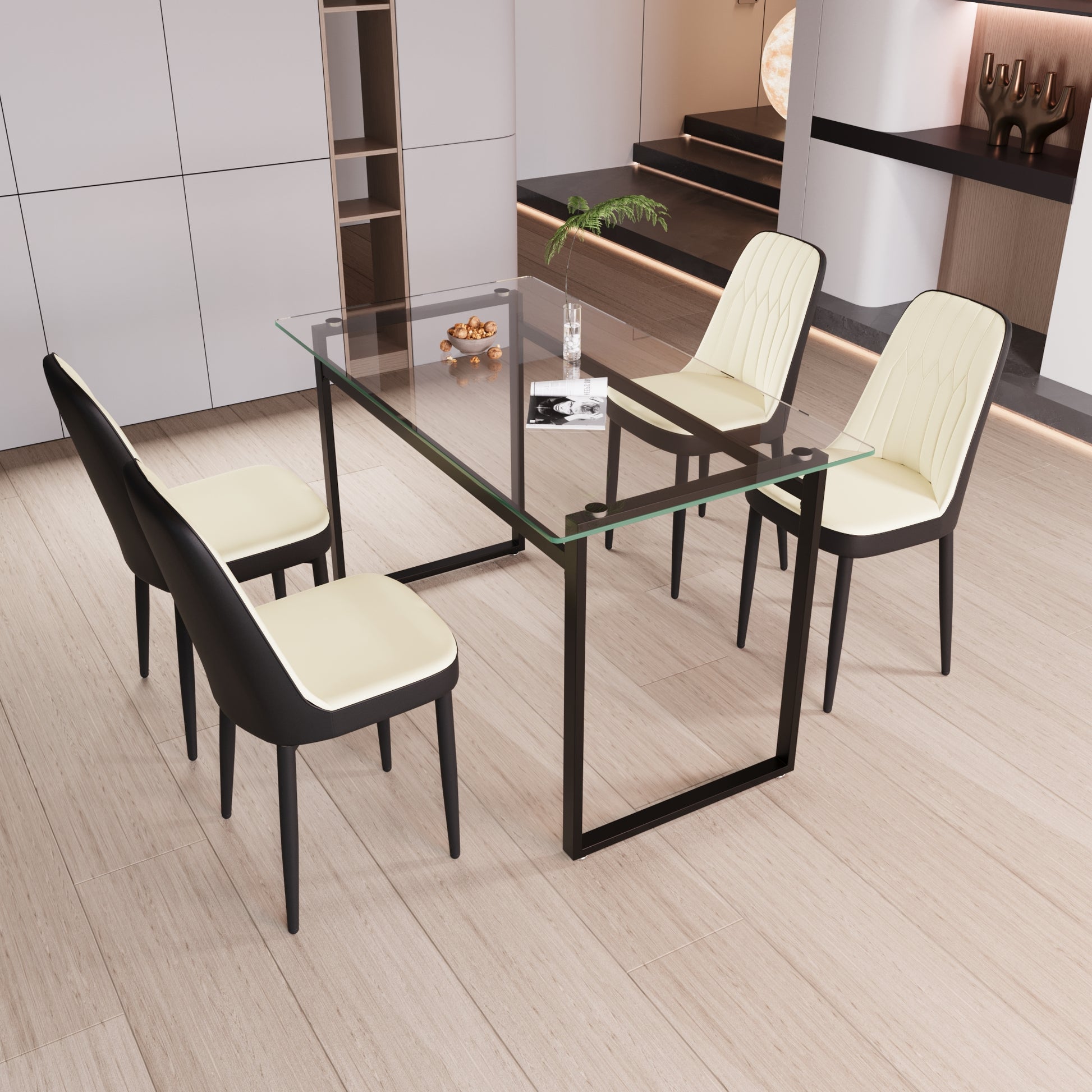 51" 4 Person Glass Dining Table Set, Kitchen Set With Black Metal Leg Dining Table And Chairs, Modern Rectangular Tempered Glass Tabletop And Dining Room Thick Cushioned Pu Dining Chairs Beige Black