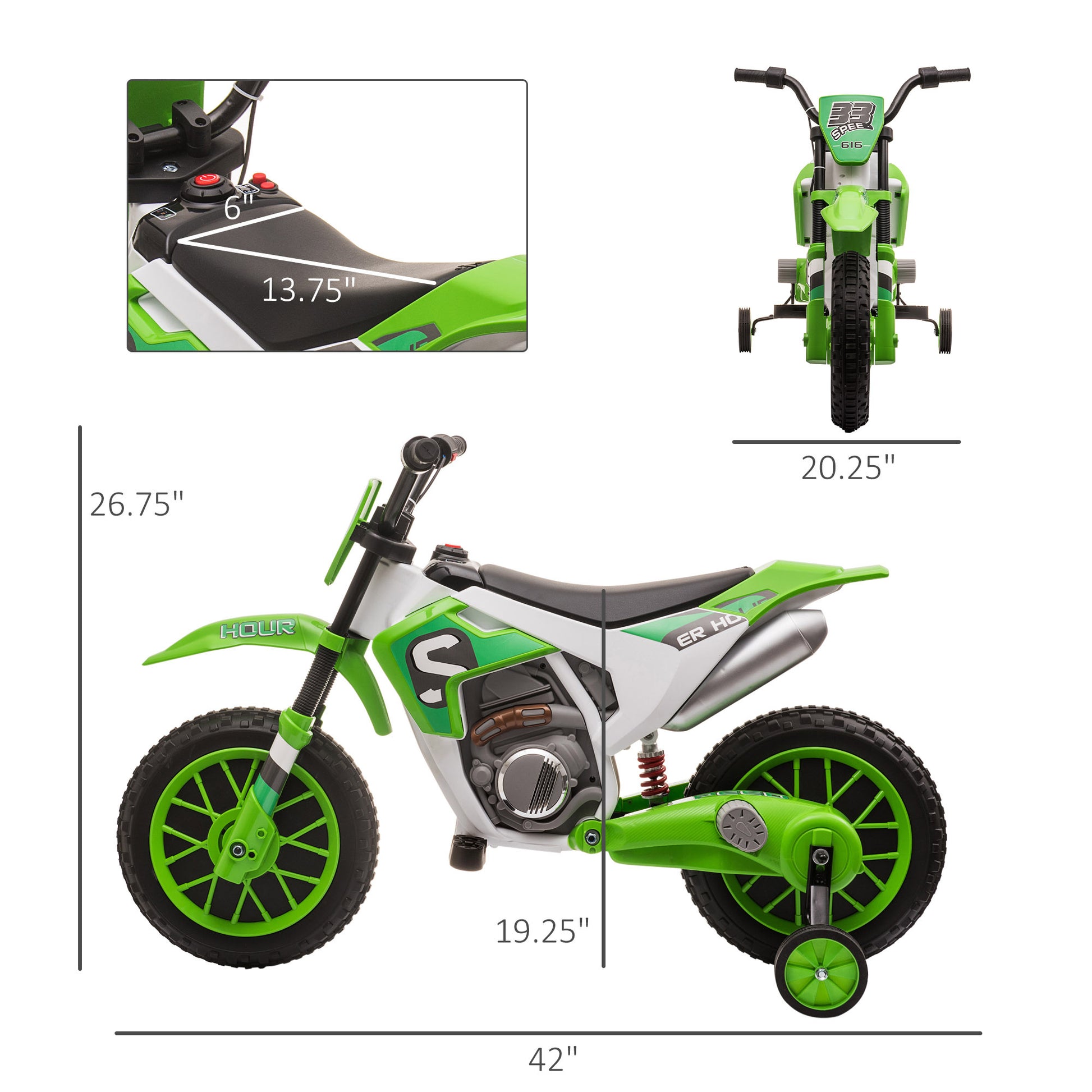 Aosom 12V Kids Motorcycle Dirt Bike Electric Battery Powered Ride On Toy Off Road Street Bike With Charging Battery, Training Wheels Green Green Plastic