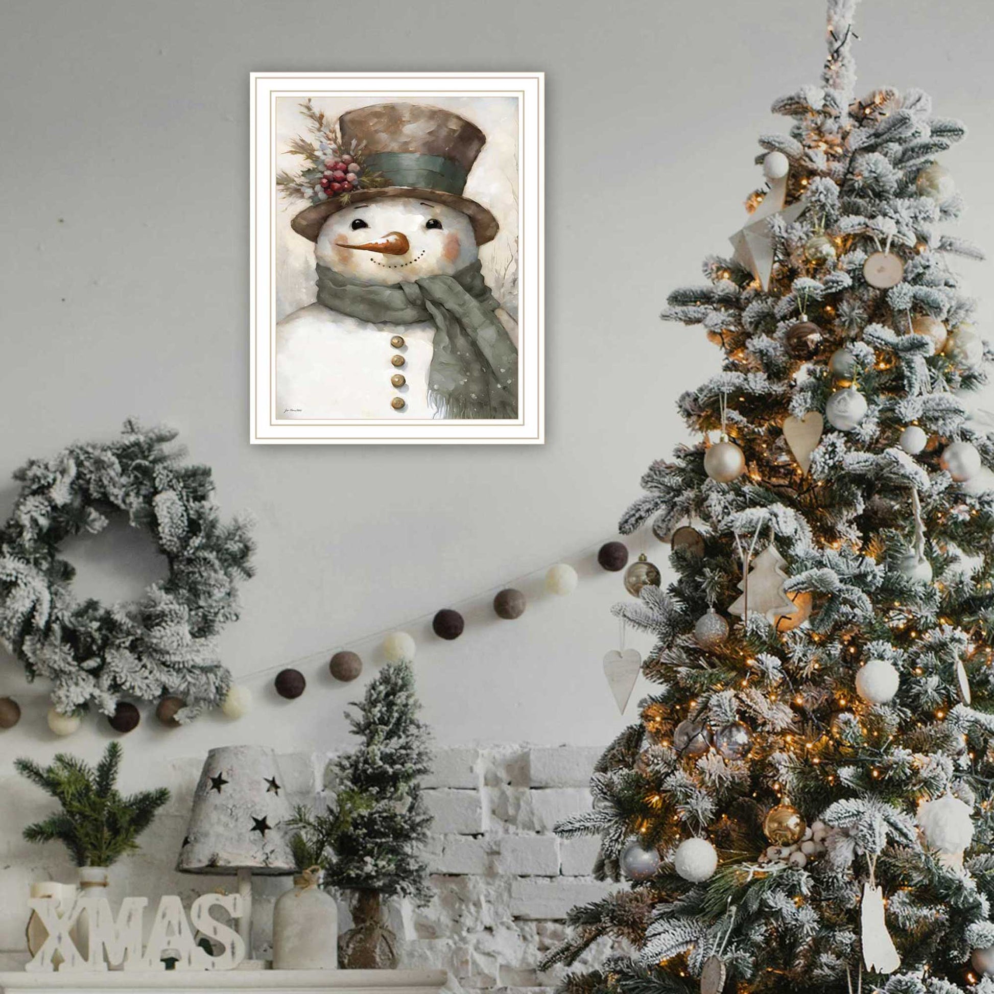 Old World Frosty The Snowman White Framed Wall Art For Living Room, Holiday Wall Art Print For Home Decor, Bedroom Wall Art By Jo Moulton Multicolor Wood Paper