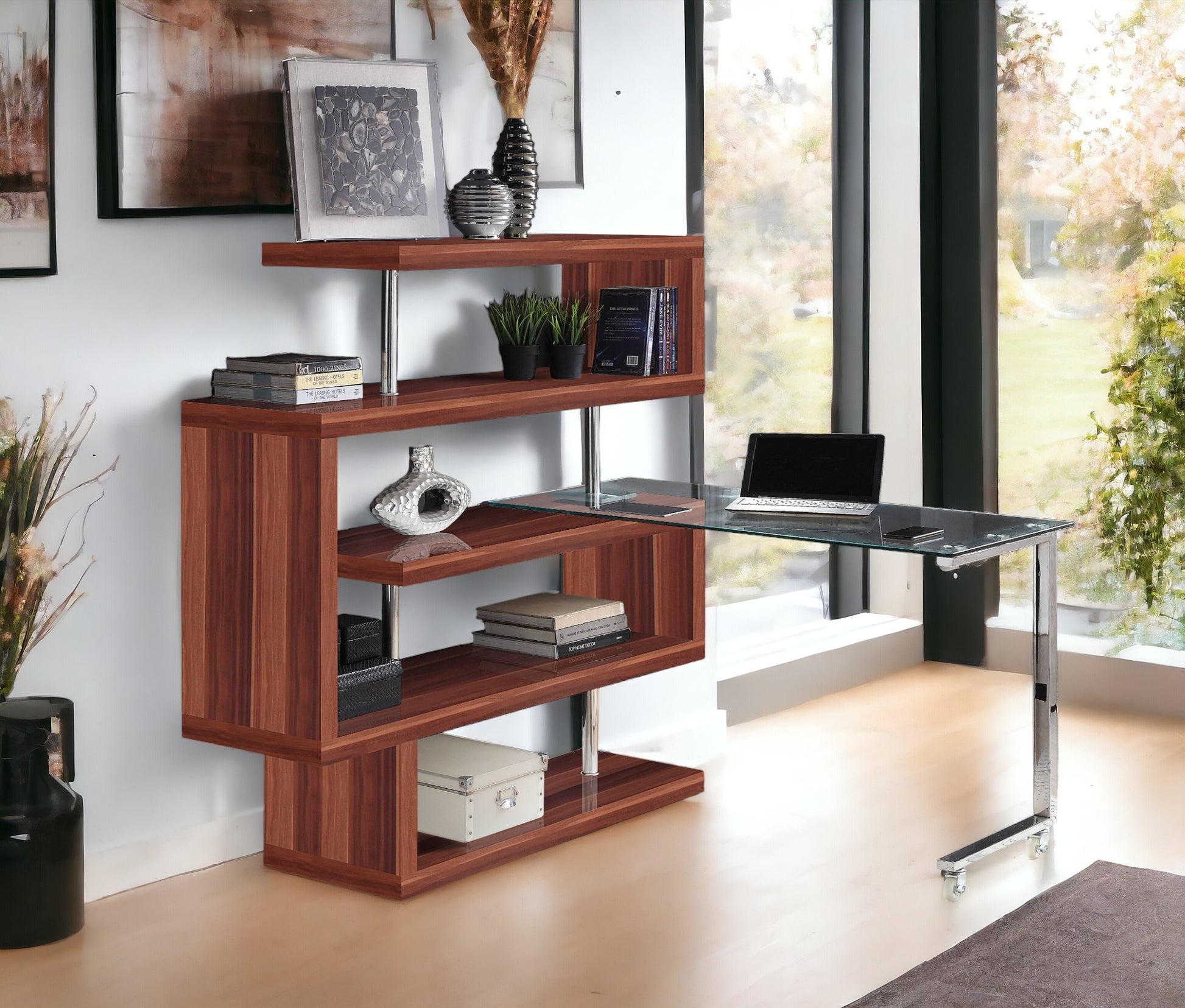 Buck Ii Clear Glass, Chrome High Gloss Finish Writing Desk With Shelf Walnut Synthetic Wood