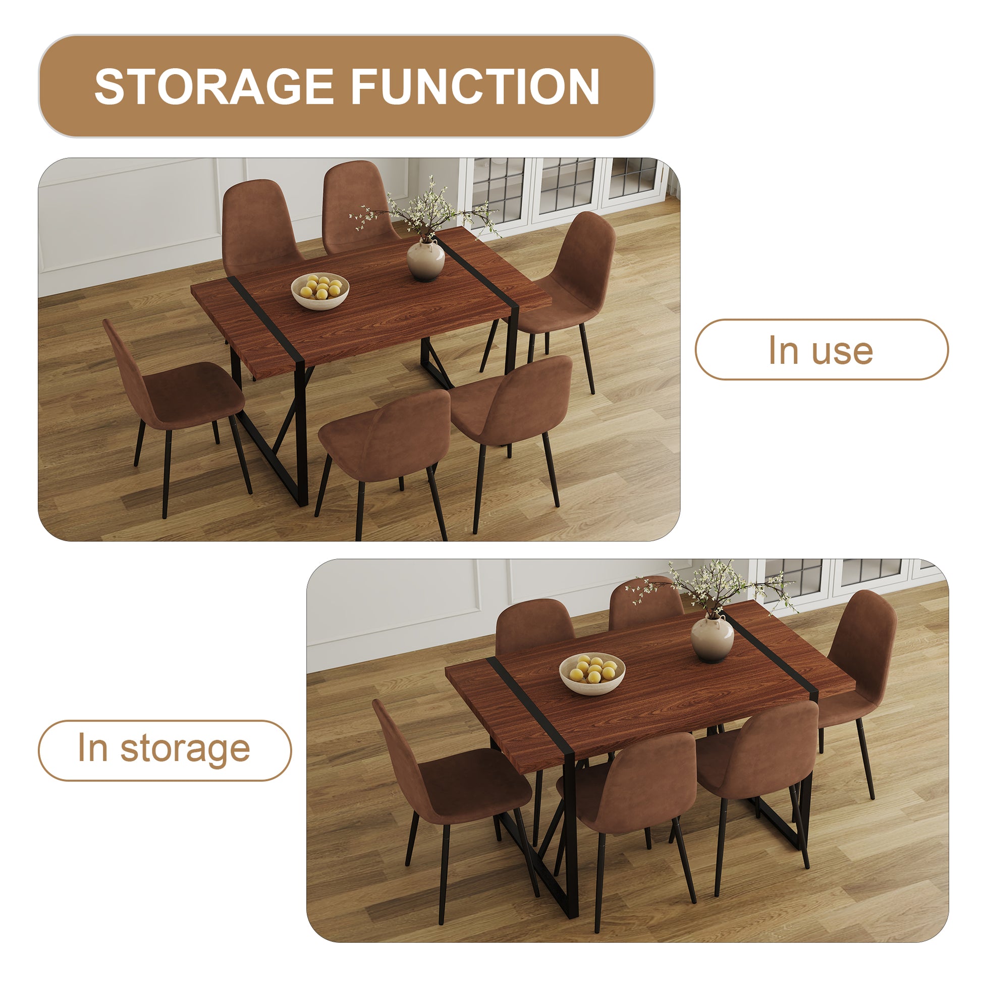 Table And Chair Set. A Minimalist Retro Rectangular Dining Table With A Specially Textured Top And Black Metal Legs, Paired With Soft Chairs And Black Metal Legs, Showcases A Beautiful Home Style. Brown Seats 6 Mdf Metal