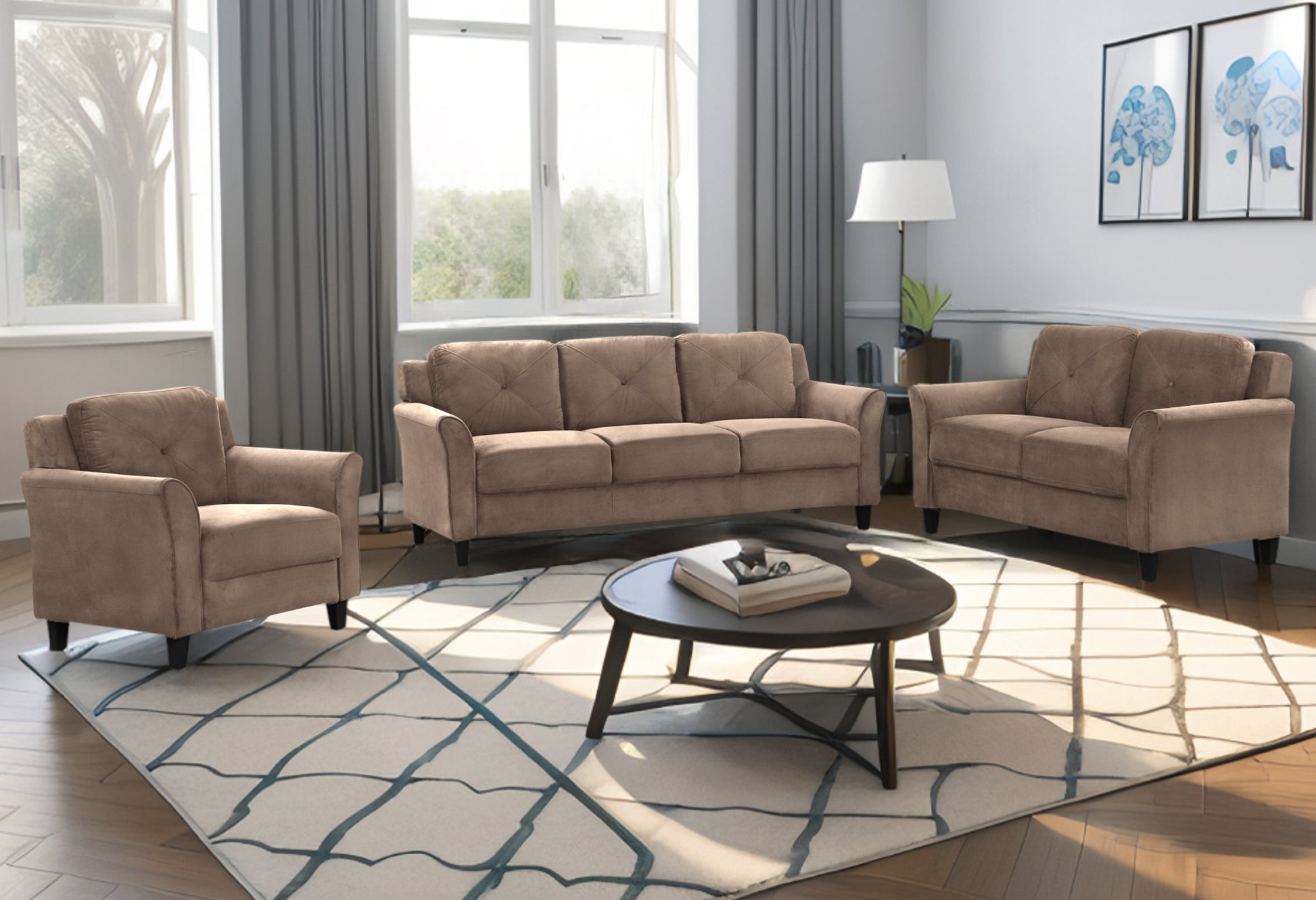 Stylish Flannel Living Room Three Piece Sofa Set, Brown Flannel Antique Brown Velvet Wood Primary Living Space Soft Cushion Back Extra Heavy Duty American Traditional Square Arms Down Filling Velvet 6 Seat