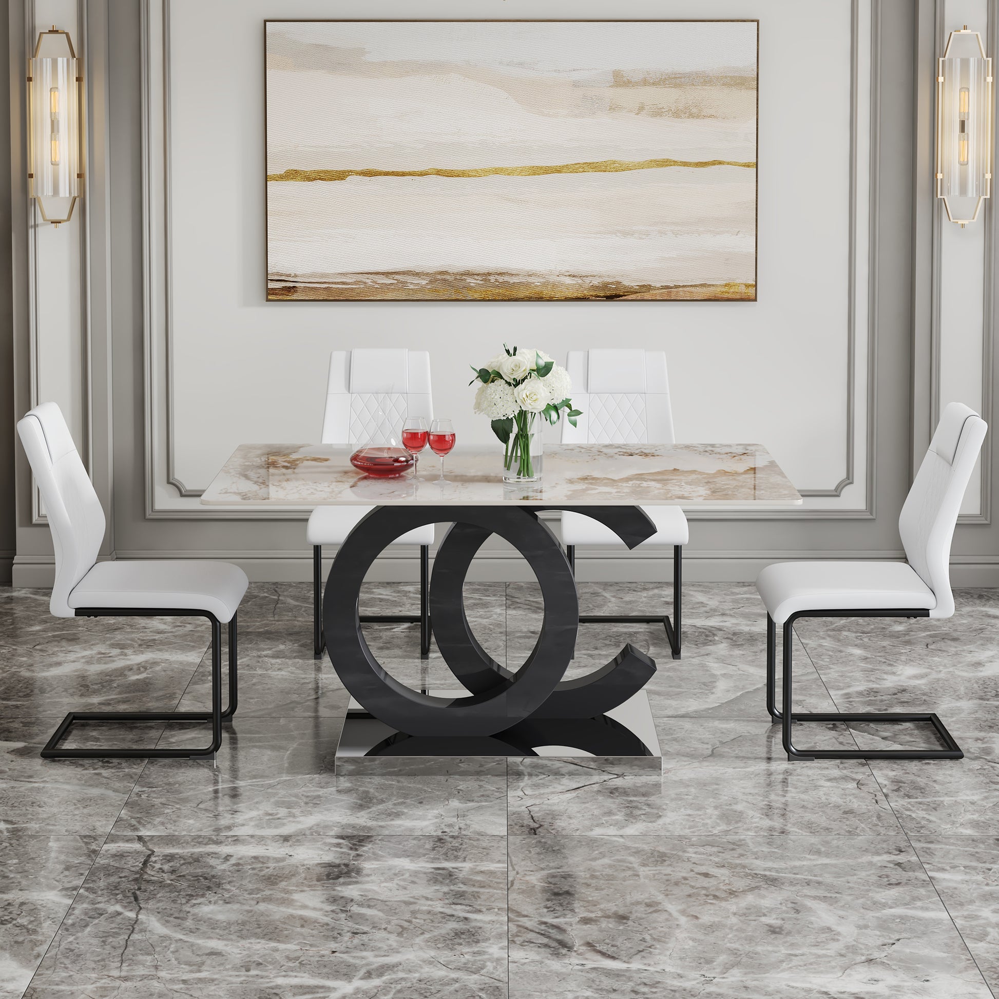 Table And Chair Set.63"X31.5" Marble Pattern Sintered Stone Table With Mdf Oc Shaped Bracket.Paired With 4 White Pu Chairs With Black Metal Legs.Suitable For Kitchen,Dining Room,Etc. White Black