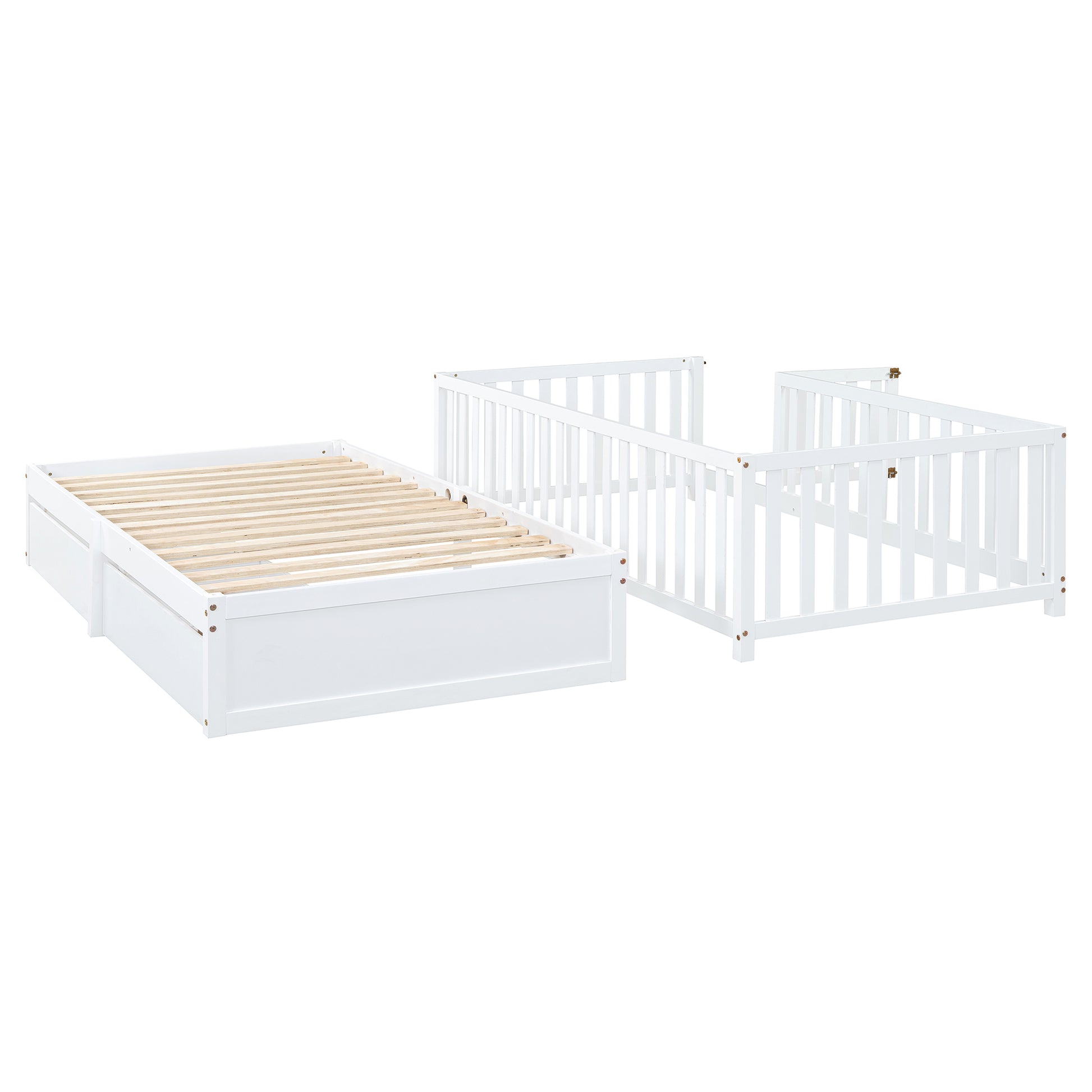 Twin Size Wood Daybed With Fence Guardrails And 2 Drawers, Split Into Independent Floor Bed & Daybed, White Old Sku :Lp000881Aak Twin White Solid Wood Mdf