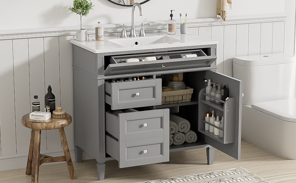 36'' Bathroom Vanity With Top Sink, Modern Bathroom Storage Cabinet With 2 Drawers And A Tip Out Drawer, Single Sink Bathroom Vanity Grey Bathroom Solid Wood Mdf Ceramic,Solid Wood Mdf