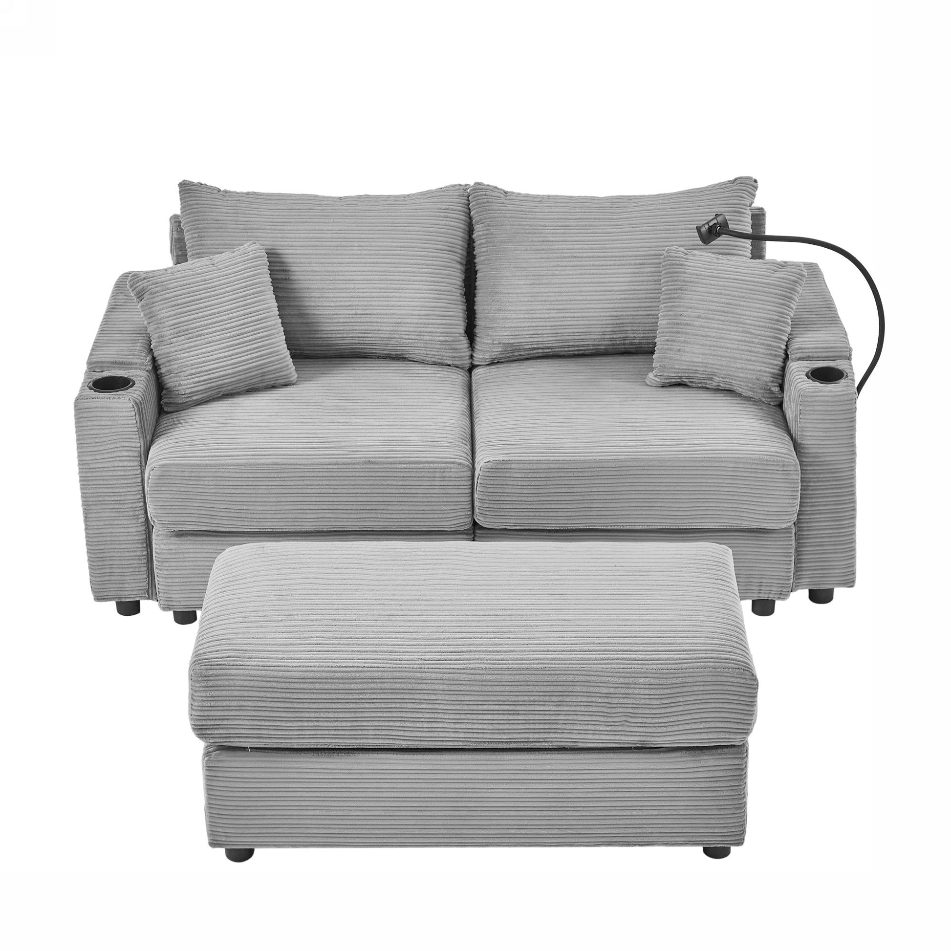 72.8" Modern Style Loveseat Sofa Sectional Sofa Couch With Storage Space, A Movable Ottoman, Two Usb Ports, Two Cup Holders, A Phone Holder For Living Room, Gray Gray Foam Corduroy 3 Seat