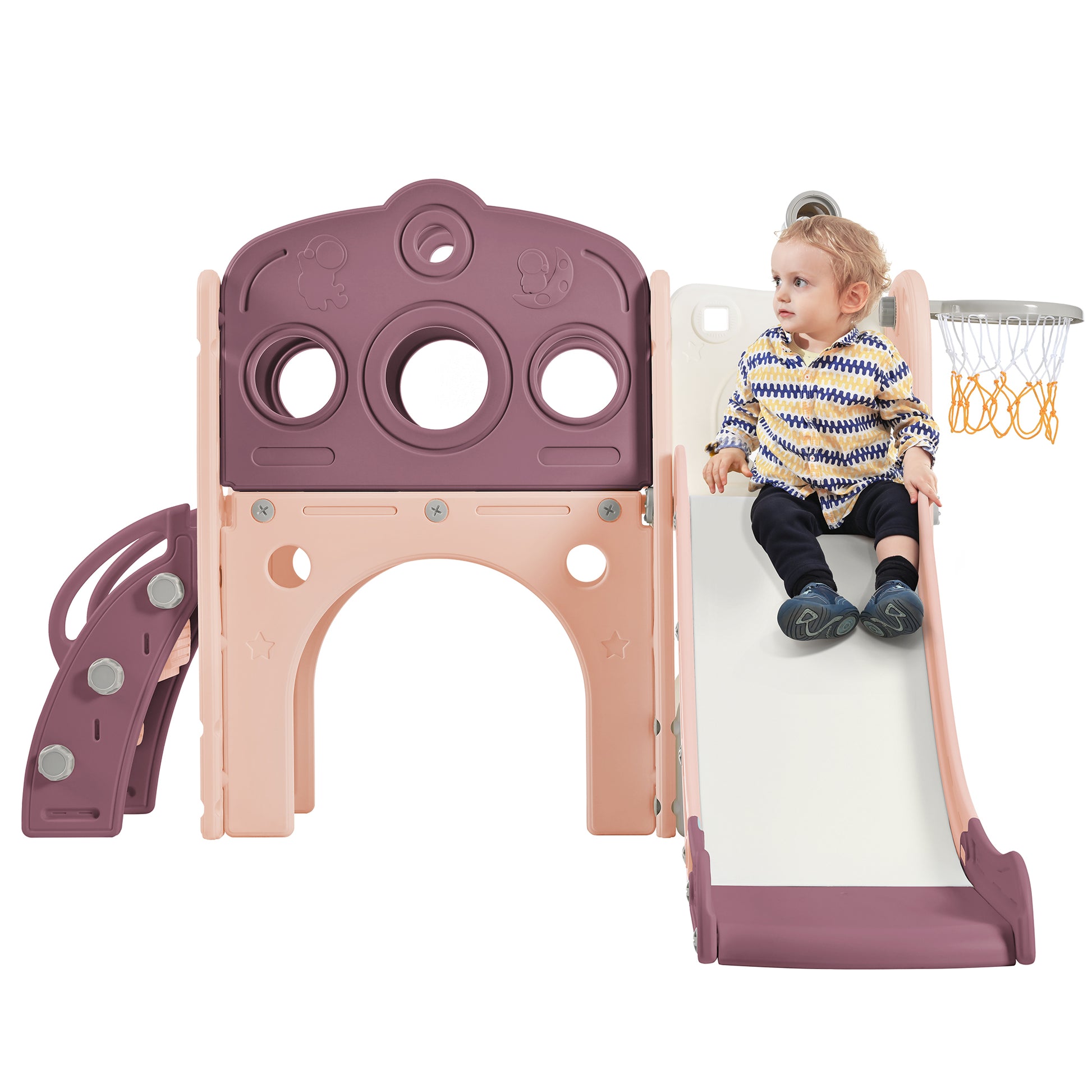 7 In 1 Toddler Slide Set, Freestanding Space Set With Slide, Kids Slide Playset Structure, Arch Tunnel And Basketball Hoop, Toy Storage Organizer For Toddlers, Kids Climbers Playground Purple 50 99 Lbs Cute 1 To 2 Years Hdpe Indoor & Outdoor Use