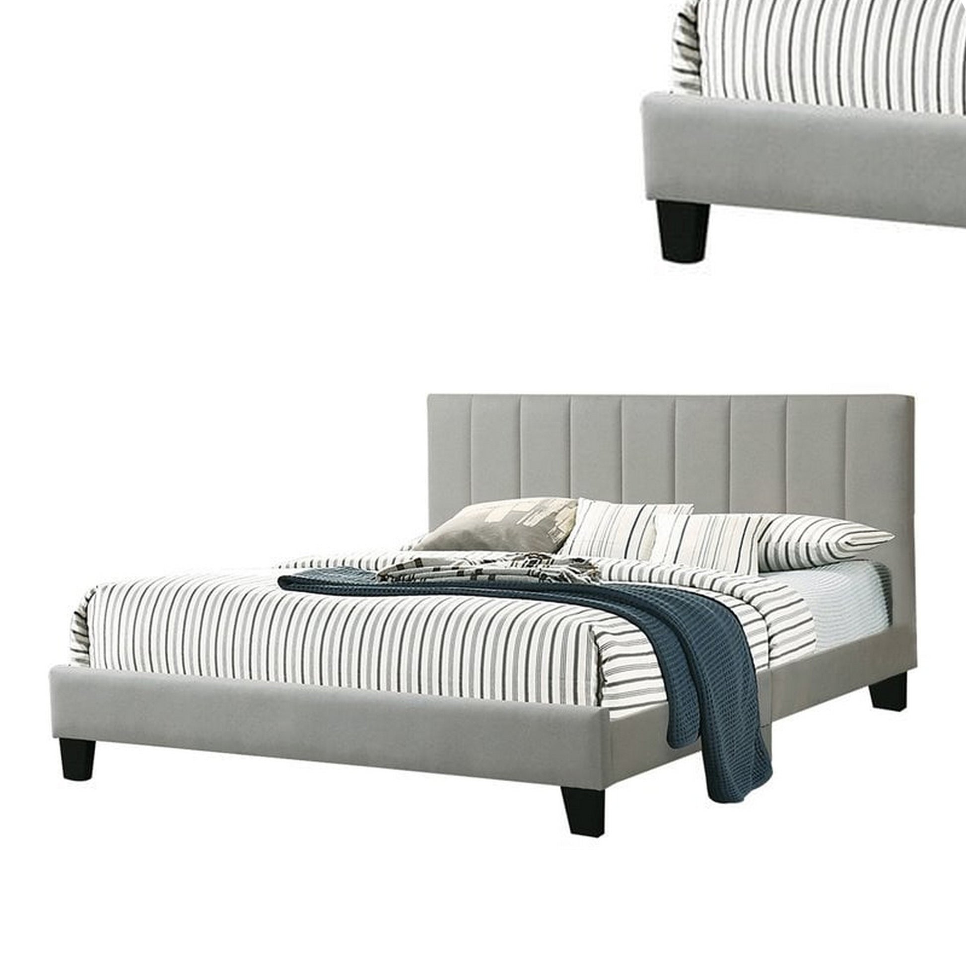 Eve Platform King Size Bed, Vertical Channel Tufted Light Gray Upholstery Light Gray Wood