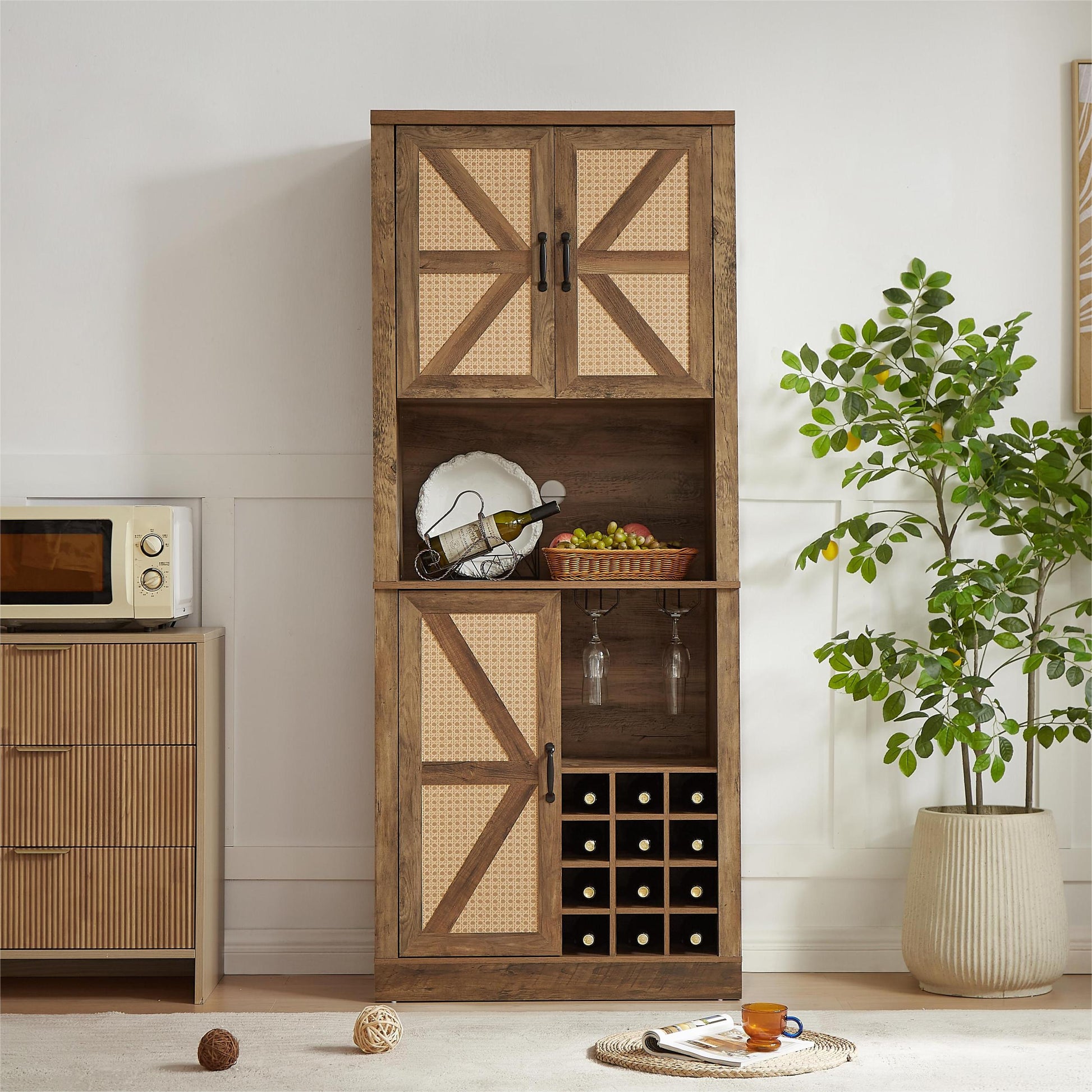 76 Inch Tall Rustic Oak Color Farmhouse Kitchen Faux Rattan Wine Cabinet, Kitchen Bar Cabinet With Square Compartmentslarge Wooden Faux Rattan Storage Cabinet With Barn Doors And Microwave Shelves Oak Particle Board Mdf