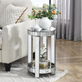 Mirror Round Table With Crystal Inlay, 2 Layer Modern Small Sofa Table With Storage Space, Silver Decorative Table Suitable For Living Room, Bedroom, Coffee And Small Spaces Mirrored Finish Primary Living Space Round Silver Floating Desk American Design