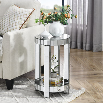 Mirror Round Table With Crystal Inlay, 2 Layer Modern Small Sofa Table With Storage Space, Silver Decorative Table Suitable For Living Room, Bedroom, Coffee And Small Spaces Mirrored Finish Primary Living Space Round Silver Floating Desk American Design