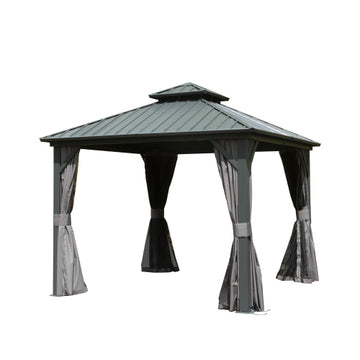 8' X 8' Hardtop Gazebo, Aluminum Metal Gazebo With Galvanized Steel Double Roof Canopy, Curtain And Netting, Permanent Gazebo Pavilion For Patio, Backyard, Deck, Lawn,Grey Gray Aluminum