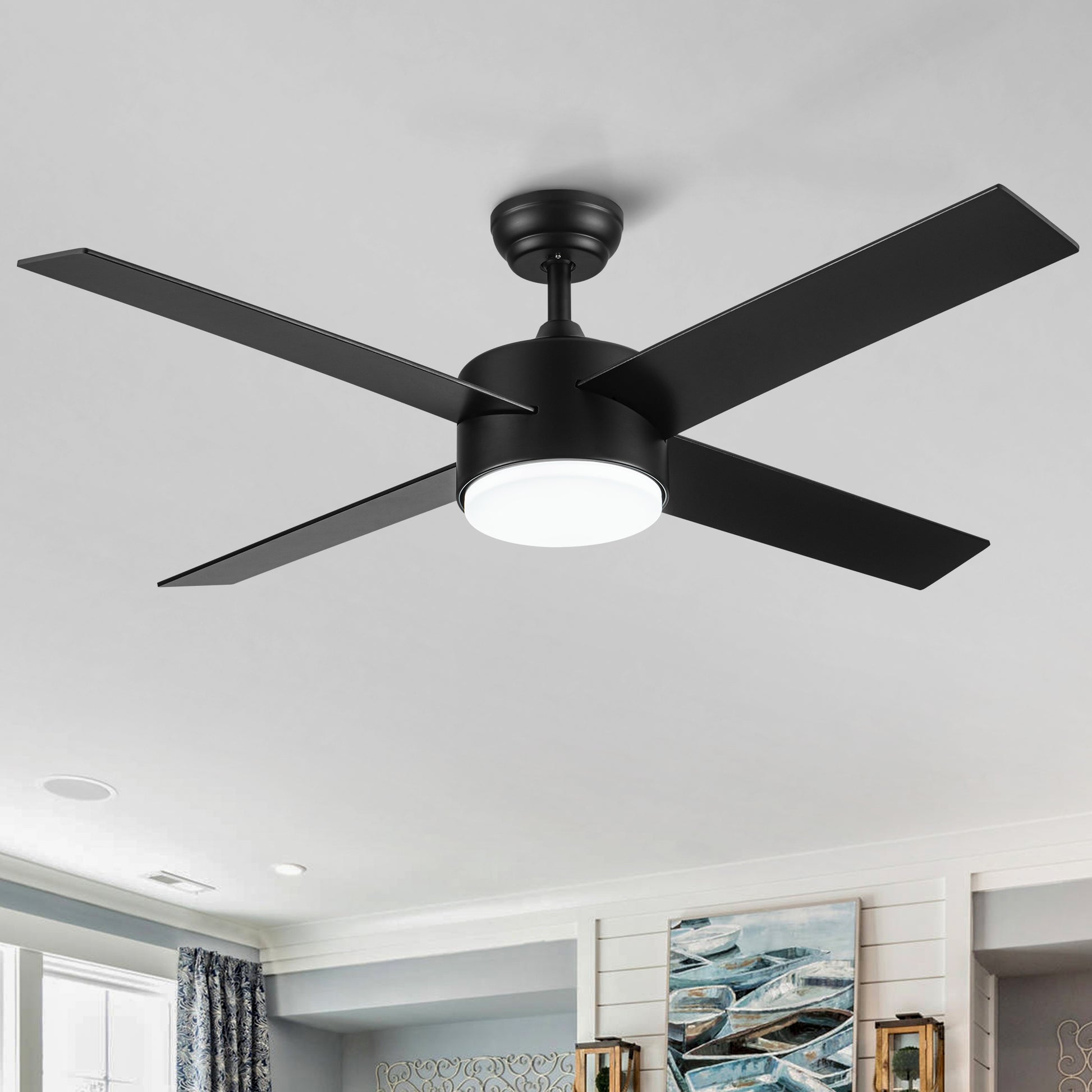 52" Integrated Led Light Matte Black Blade Ceiling Fan With Remote Control With 4 Blades Matte Black Plywood