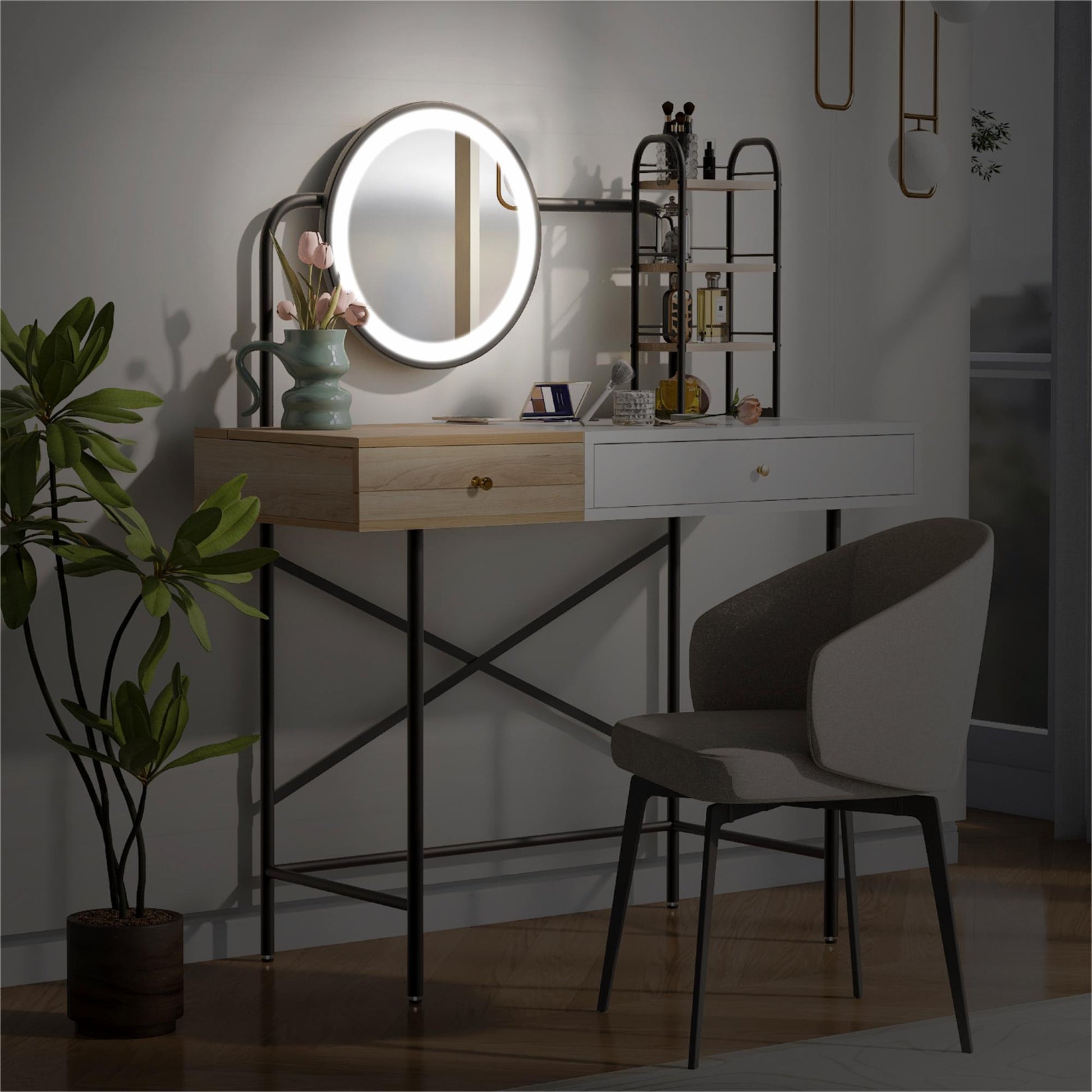 40" Makeup Vanity Desk With 3 Mode Lighted Mirror & Wireless Charging Stationvanity Table With Drawer & 3 Open Shelves For Large Storage Space, Dressing Table For Bedroom, White White 1 Drawer Glass Mdf Iron