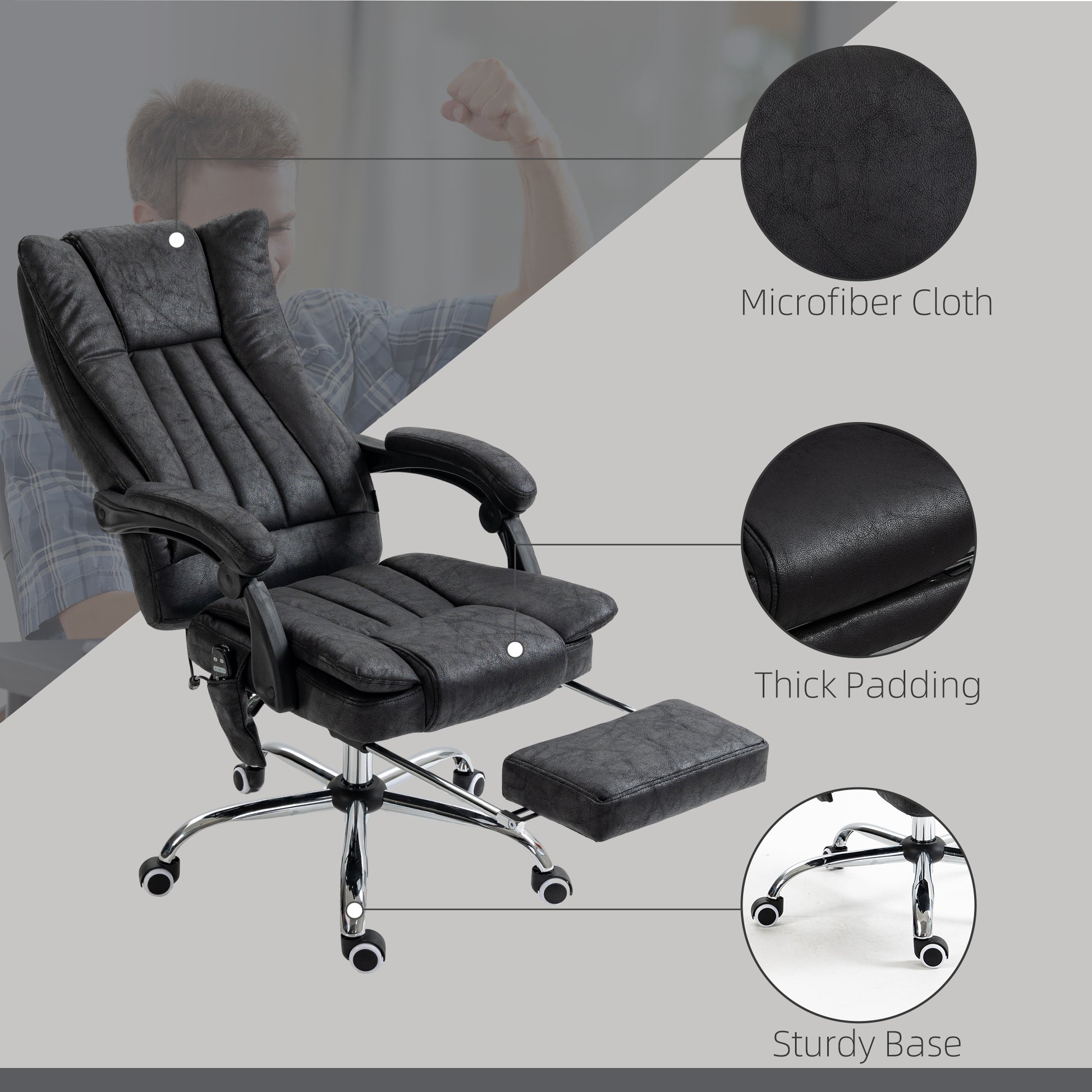 Vinsetto Microfiber Office Chair, High Back Computer Chair With 6 Point Massage, Heat, Adjustable Height And Retractable Footrest, Black Black Polyester