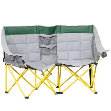 Outsunny Loveseat Style Camping Chair, Oversized Folding Lawn Chair With Carry Bag & Cup Holders, For Outdoor, Beach, Picnic, Hiking, Travel, Green & Gray Green Metal