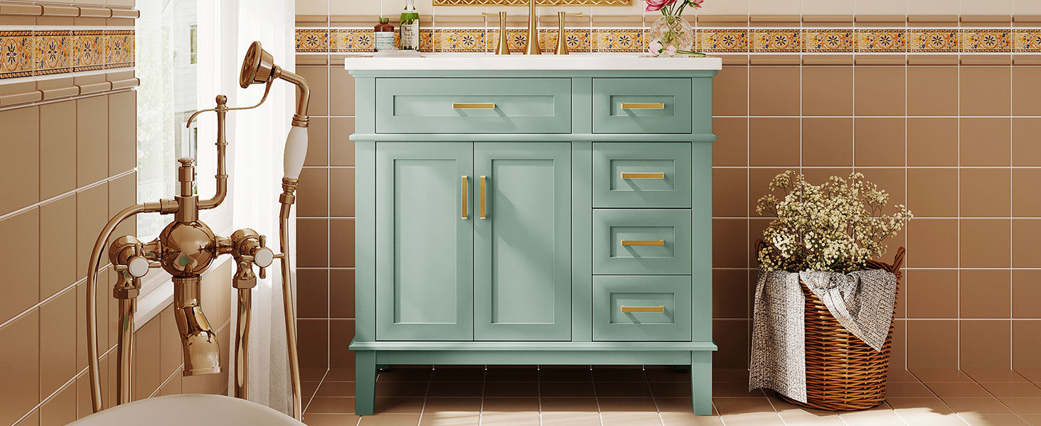 36 Inch Bathroom Vanity With Resin Sink, Modern Bathroom Cabinet In Green, Featuring Two Soft Close Doors And Four Drawers Green Bathroom Solid Wood Mdf Resin