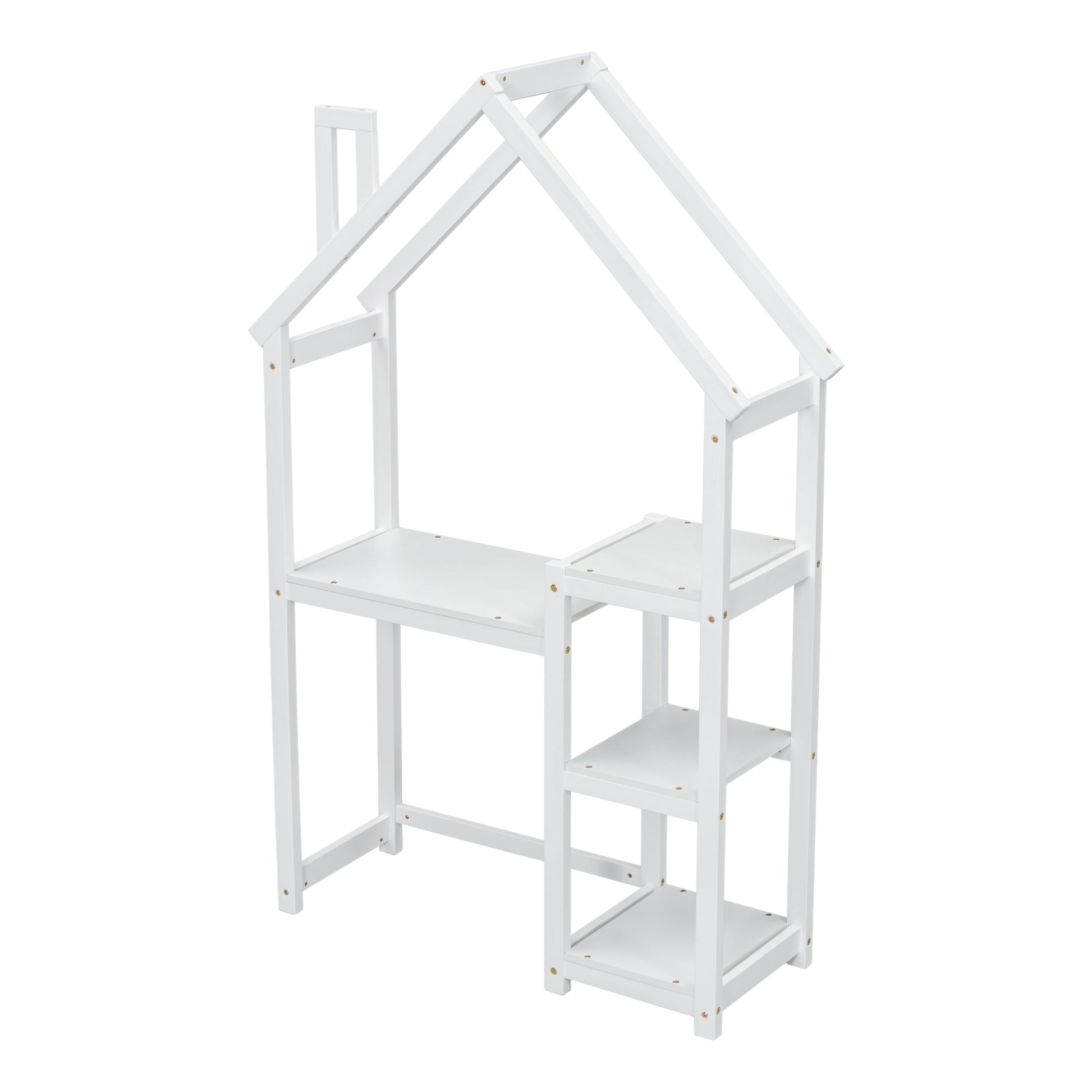 House Shaped Wooden Writing Desk,Kids Study Table,Bookshelf & Toy Storage,White Twin White American Design Pine