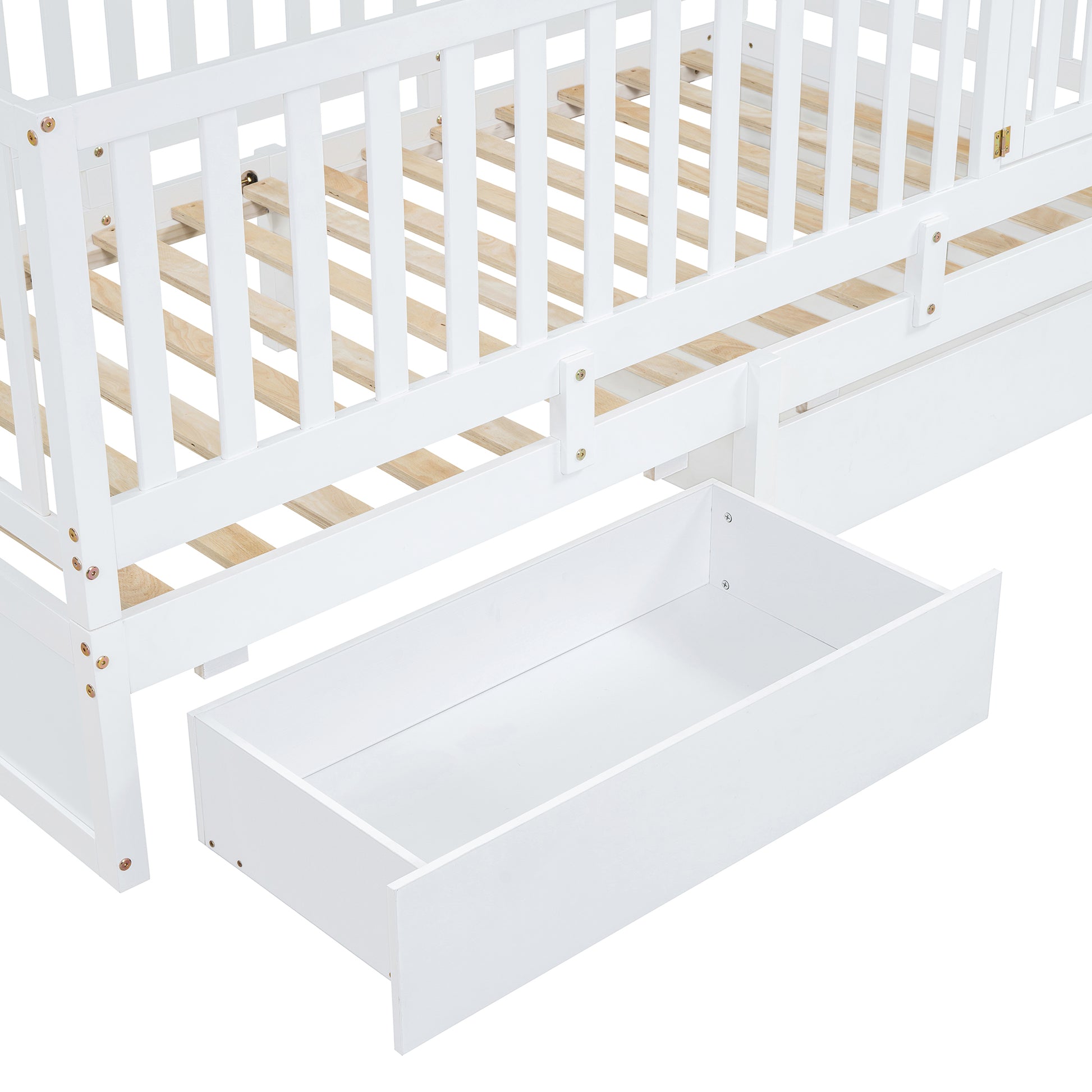 Twin Size Wood Daybed With Fence Guardrails And 2 Drawers, Split Into Independent Floor Bed & Daybed, White Old Sku :Lp000881Aak Twin White Solid Wood Mdf