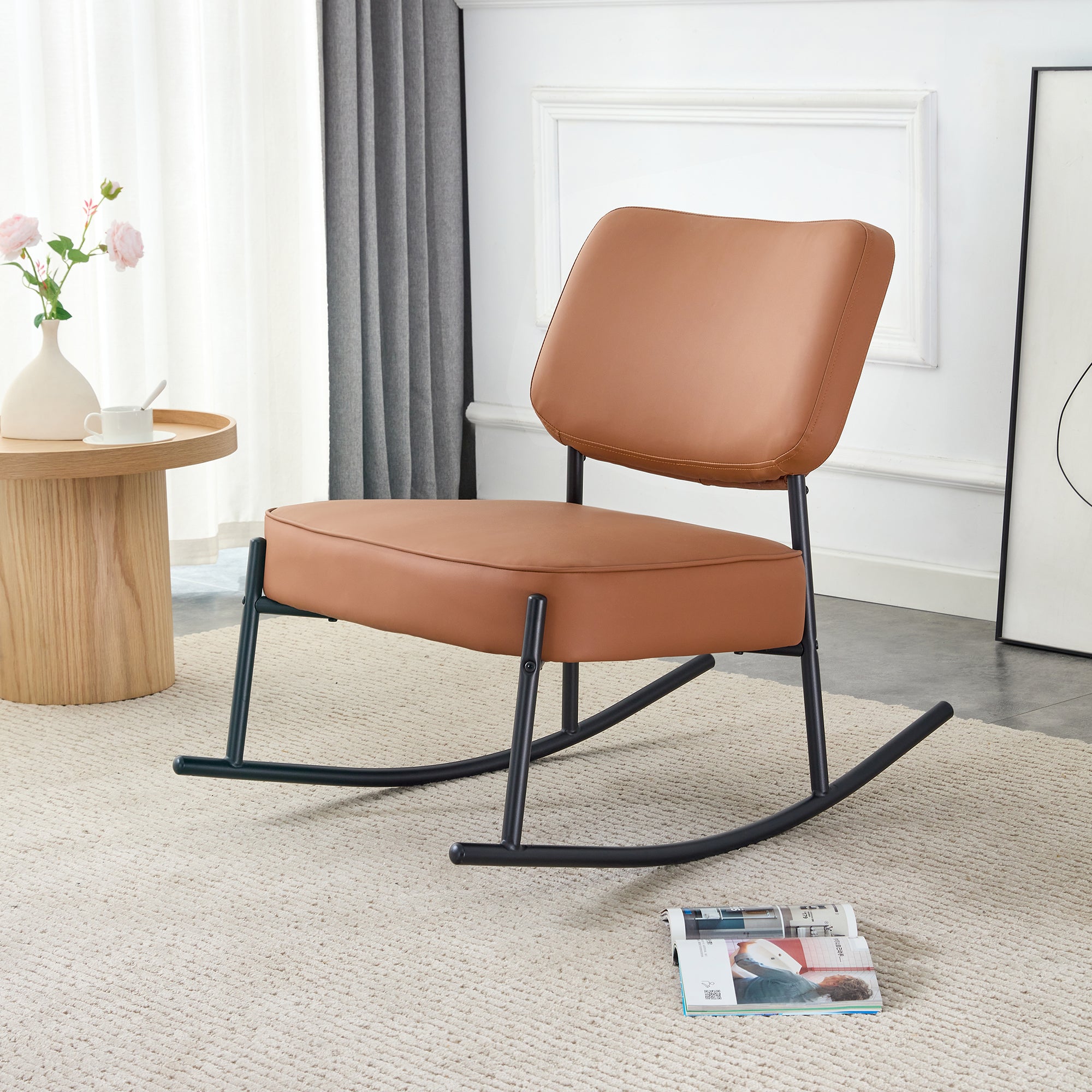 Pu Material Cushioned Rocking Chair, Unique Rocking Chair, Cushioned Seat, Brown Backrest Rocking Chair, Black Metal Legs. Comfortable Side Chairs In The Living Room, Bedroom, And Office Brown Pu