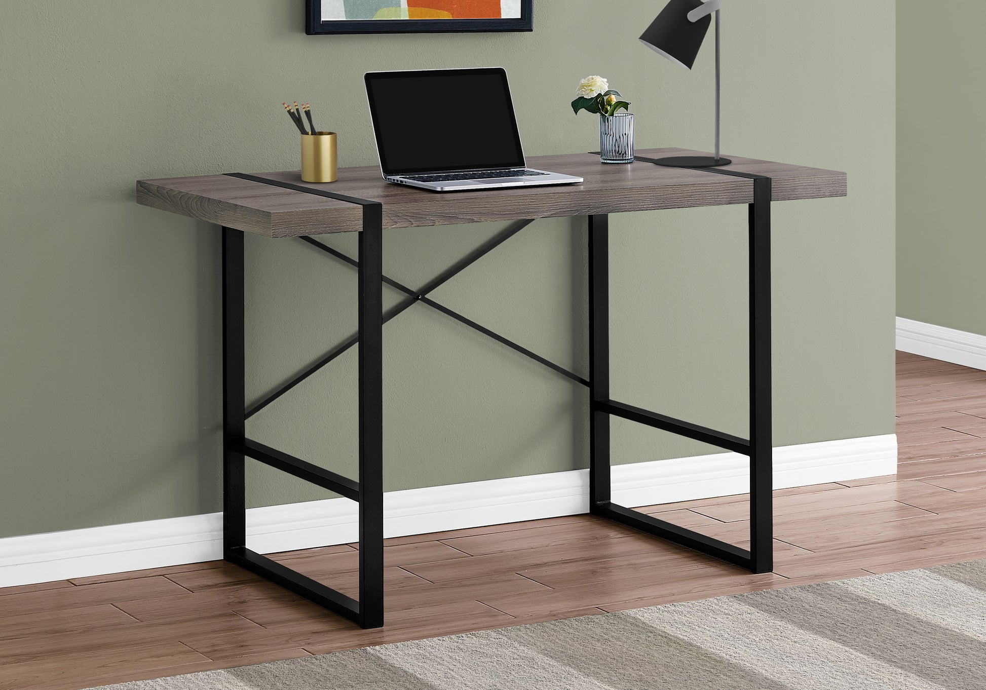 Computer Desk, Home Office, Laptop, 48"L, Work, Brown Laminate, Black Metal, Contemporary, Modern Taupe Particle Board