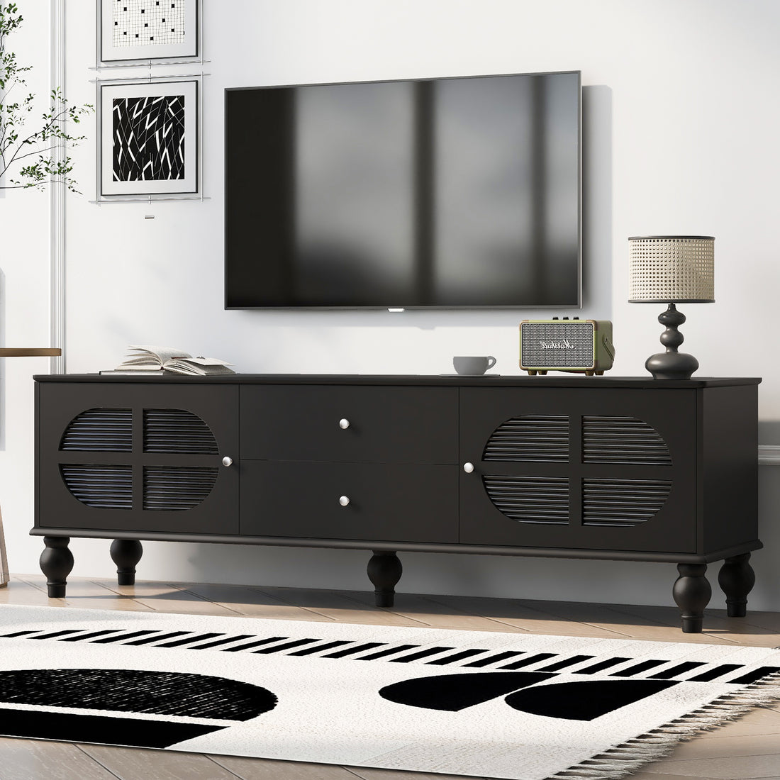 68.9'' Modern Tv Stand For Tvs Up To 75 Inches, Entertainment Center Media Console With Fluted Glass Doors, Five Solid Wood Legs For Living Room Black 70 79 Inches Mdf
