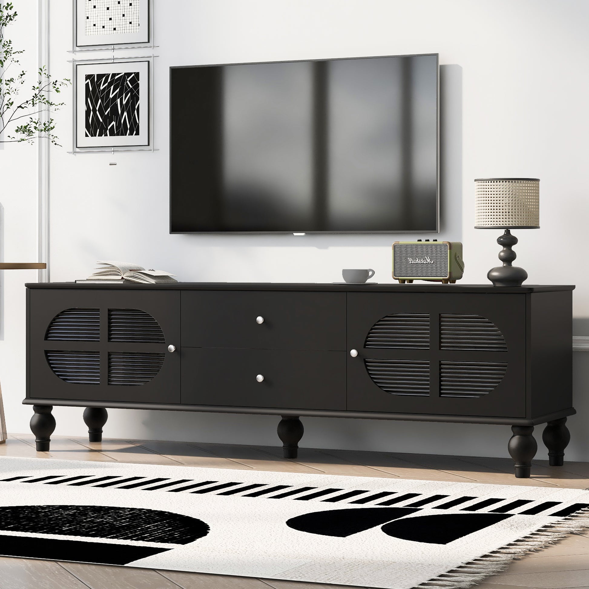 68.9'' Modern Tv Stand For Tvs Up To 75 Inches, Entertainment Center Media Console With Fluted Glass Doors, Five Solid Wood Legs For Living Room Black 70 79 Inches Mdf