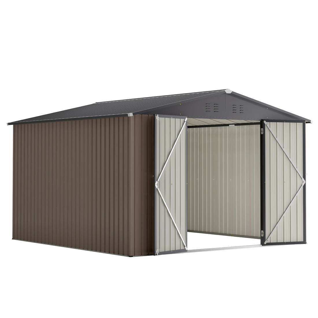 10' X 10' Metal Storage Shed For Ourdoor, Steel Yard Shed With Design Of Lockable Doors, Utility And Tool Storage For Garden, Backyard, Patio, Outside Use Brown Metal