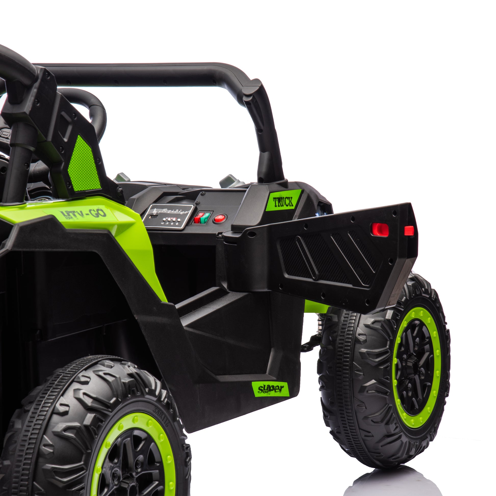 24V Two Seater Kids Ride On Utv W Parents Remote Control,Four Wheel Suspension,Slow Start,Large Wheel Design,Anti Collision Bar,Storage Space,Music,Usb,Bluetooth,Volume Control,Led Lights For Kids 3 . Green 100 149 Lbs Polypropylene