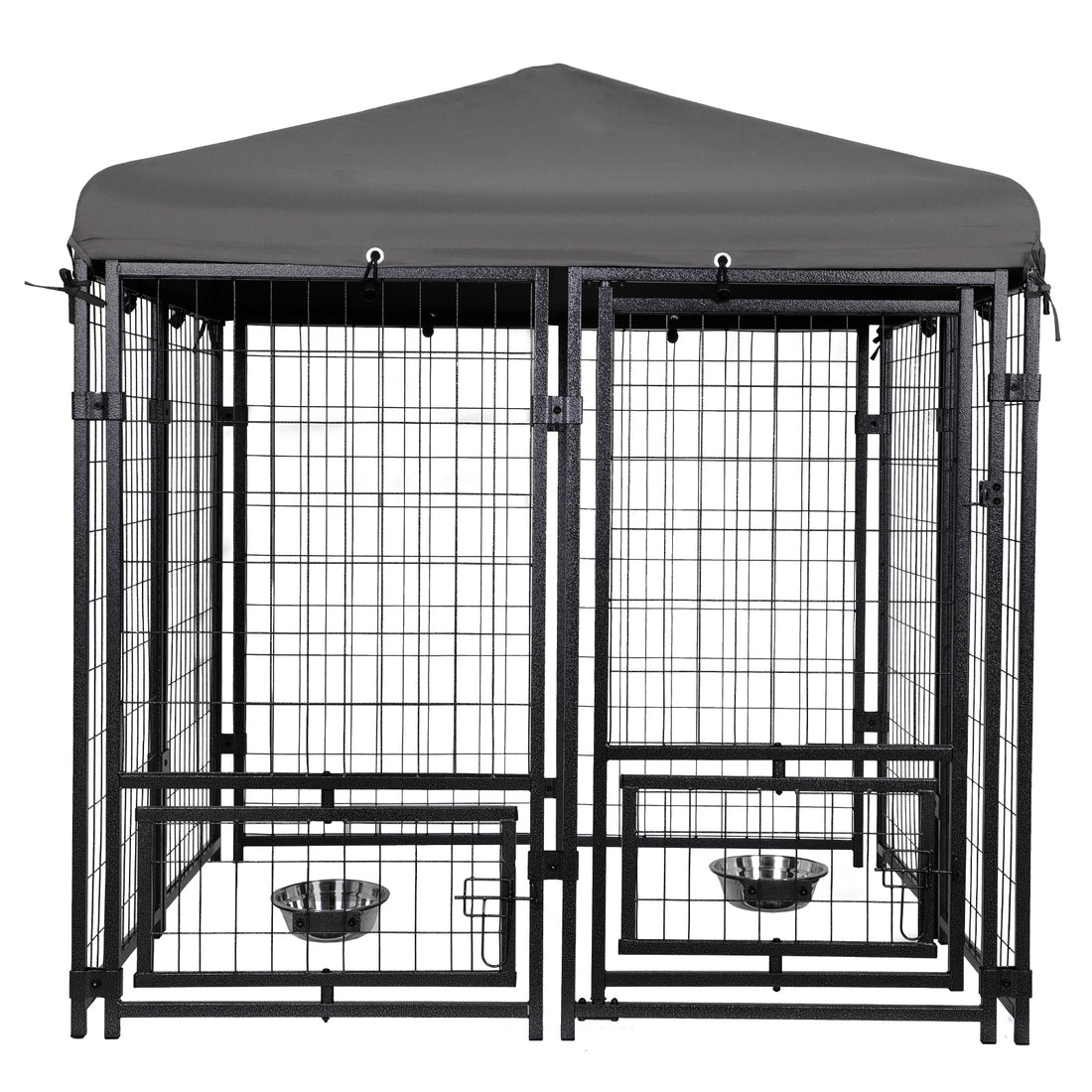 Outdoor Dog Kennel 4.5' X 4.5' X 4.8' With Waterproof Heavy Duty Metal Dog Cage,Outside Dog Enclosure With Lockable Door With Roof & Rotating Feeding Door,2 Bowl Holders And Bowls For Small Medium Dog Grey Outdoor Kennel Metal