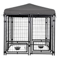 Outdoor Dog Kennel 4.5' X 4.5' X 4.8' With Waterproof Heavy Duty Metal Dog Cage,Outside Dog Enclosure With Lockable Door With Roof & Rotating Feeding Door,2 Bowl Holders And Bowls For Small Medium Dog Grey Outdoor Kennel Metal