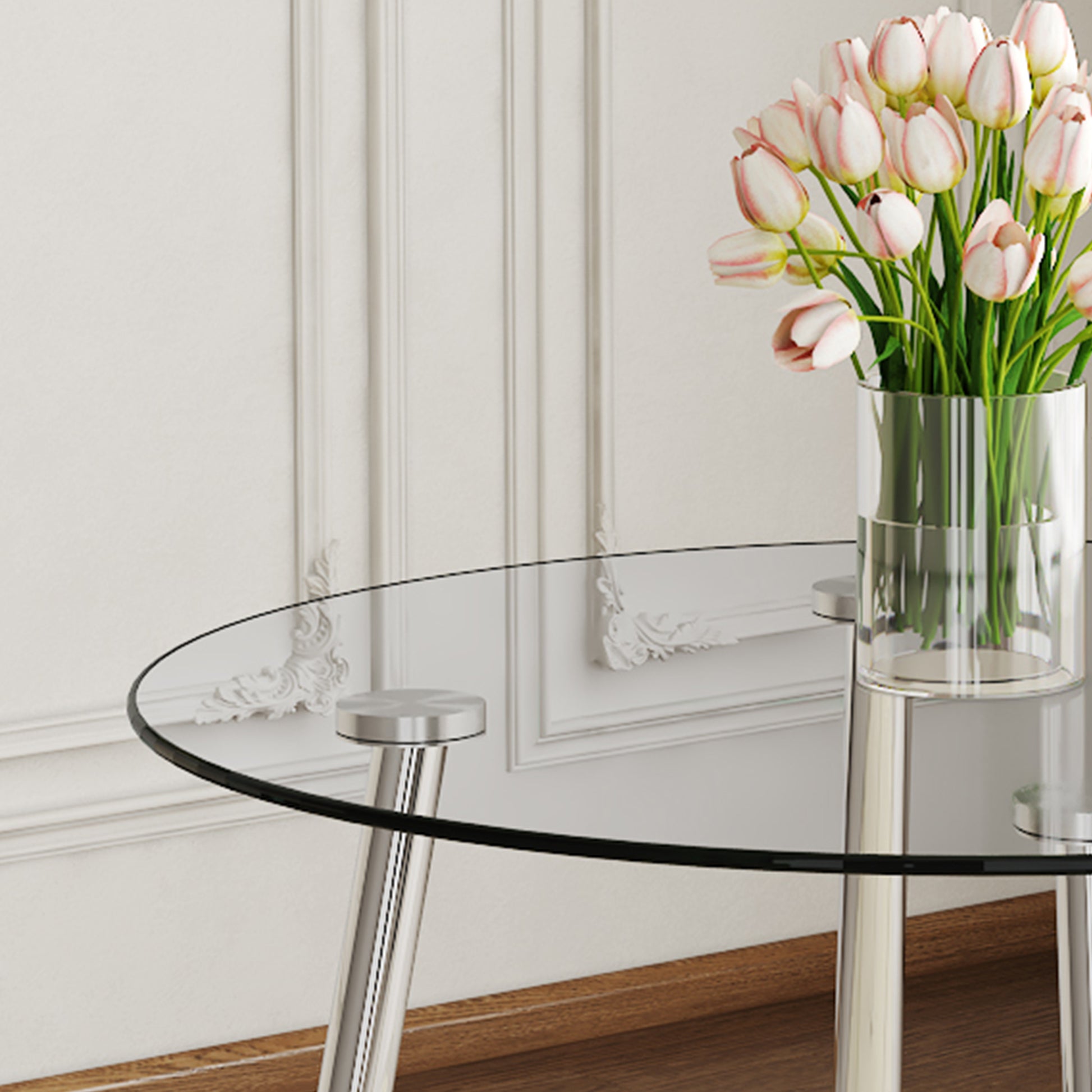 Round Dining Table With Glass Top, Silver Metal Legs, Exquisite Life, Starting From The Details, The Silver Legs Show An Extraordinary Texture, Which Is The Finishing Touch To Your Home Transparent Glass Metal