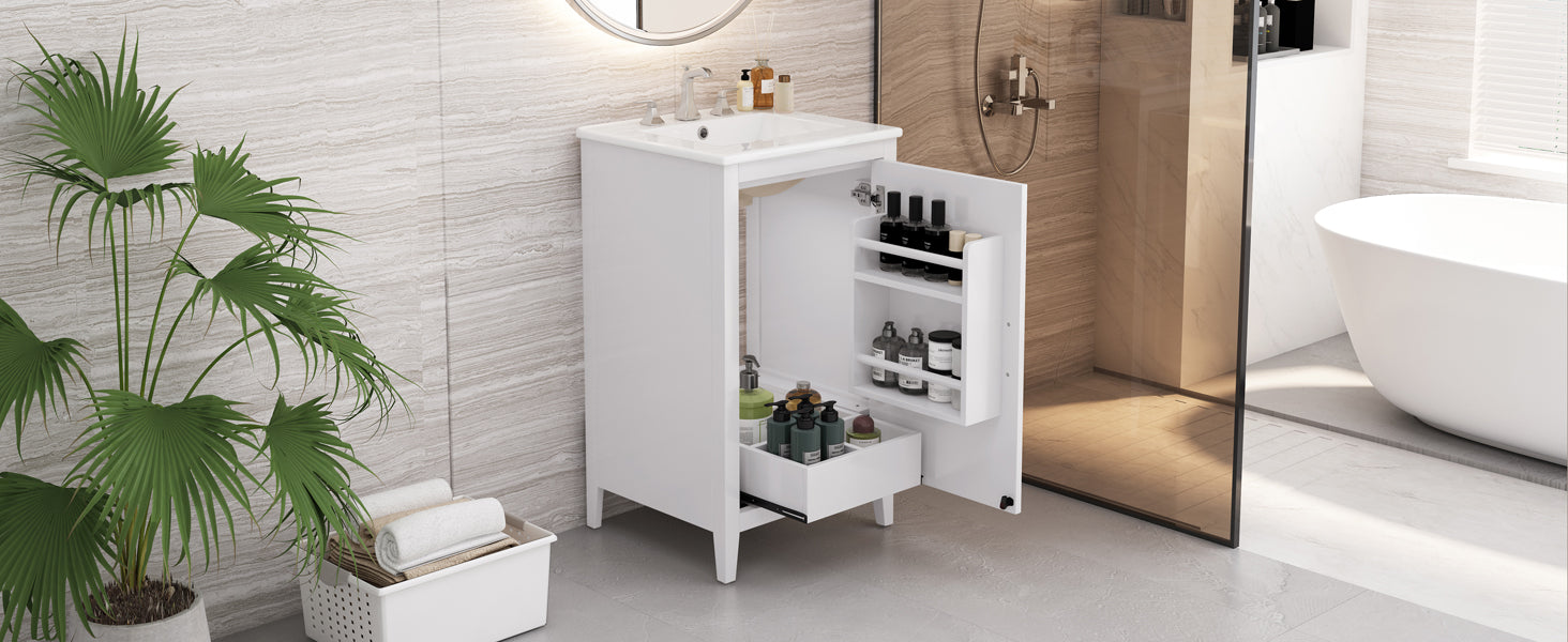 20.3" Bathroom Vanity With Sink, Functional Drawer, Door Shelf, Soft Closing Door, White White Acacia Wood,Ceramic Mdf