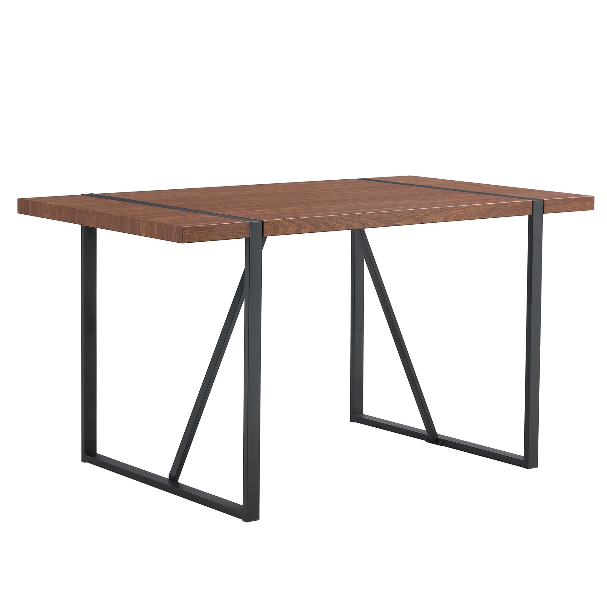 Table And Chair Set. A Minimalist Retro Rectangular Dining Table With A Specially Textured Top And Black Metal Legs, Paired With Soft Chairs And Black Metal Legs, Showcases A Beautiful Home Style.