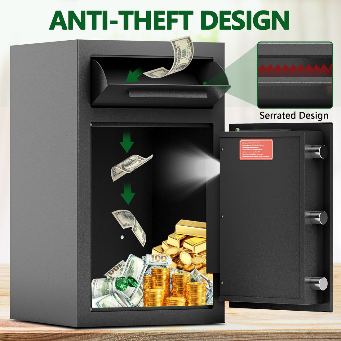 Depository Drop Safe, Front Drop Slot Lock Box With Digital Combination And Anti Fishing, Silent Deposit Safe Box, Security Money Safe For Cash Slips Expense Business Office Home Black Steel